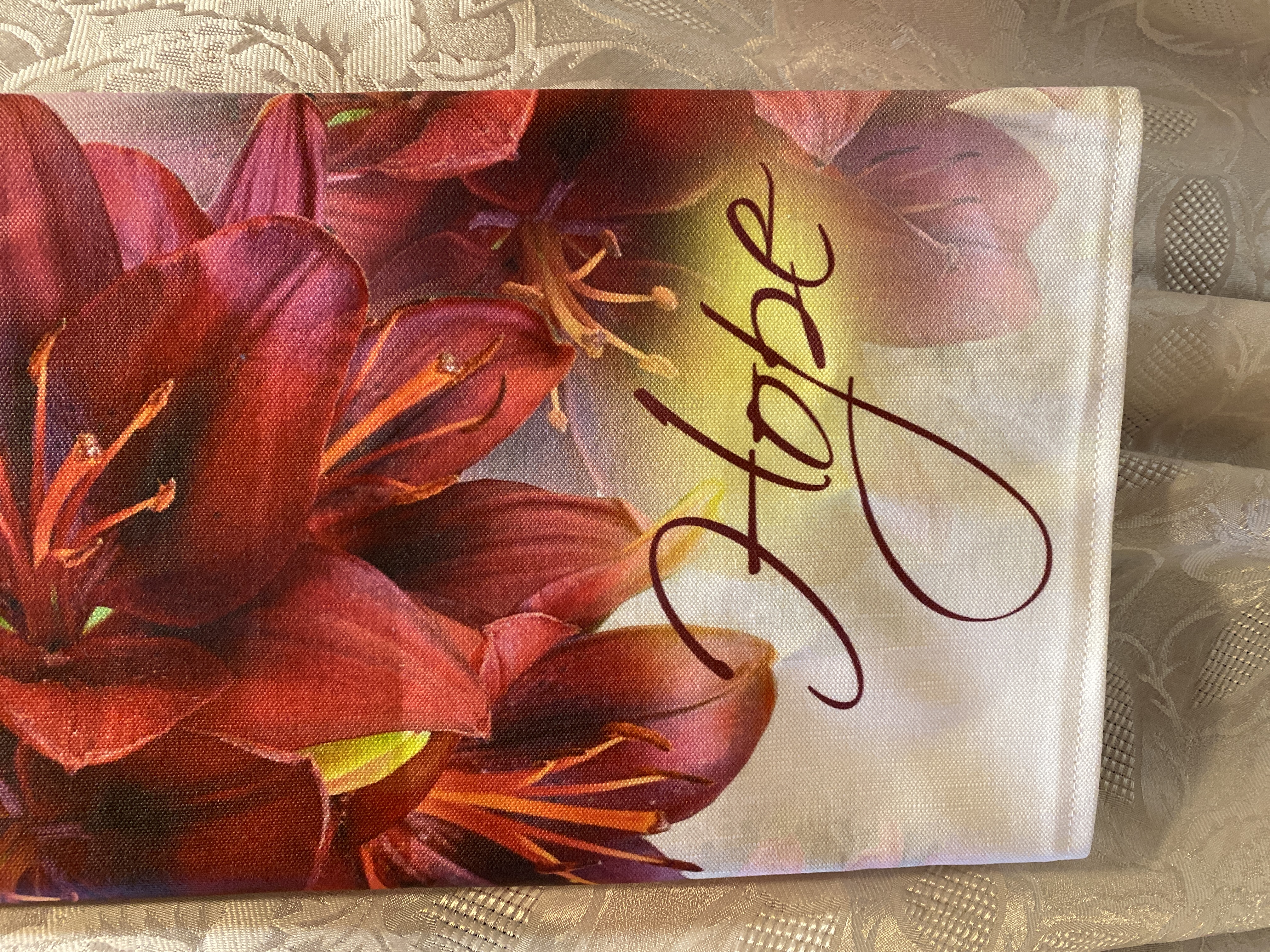 Christian HOPE Dish Towel, artist original design fabric, linen, nice big size, beautiful lilies, kitchen towel