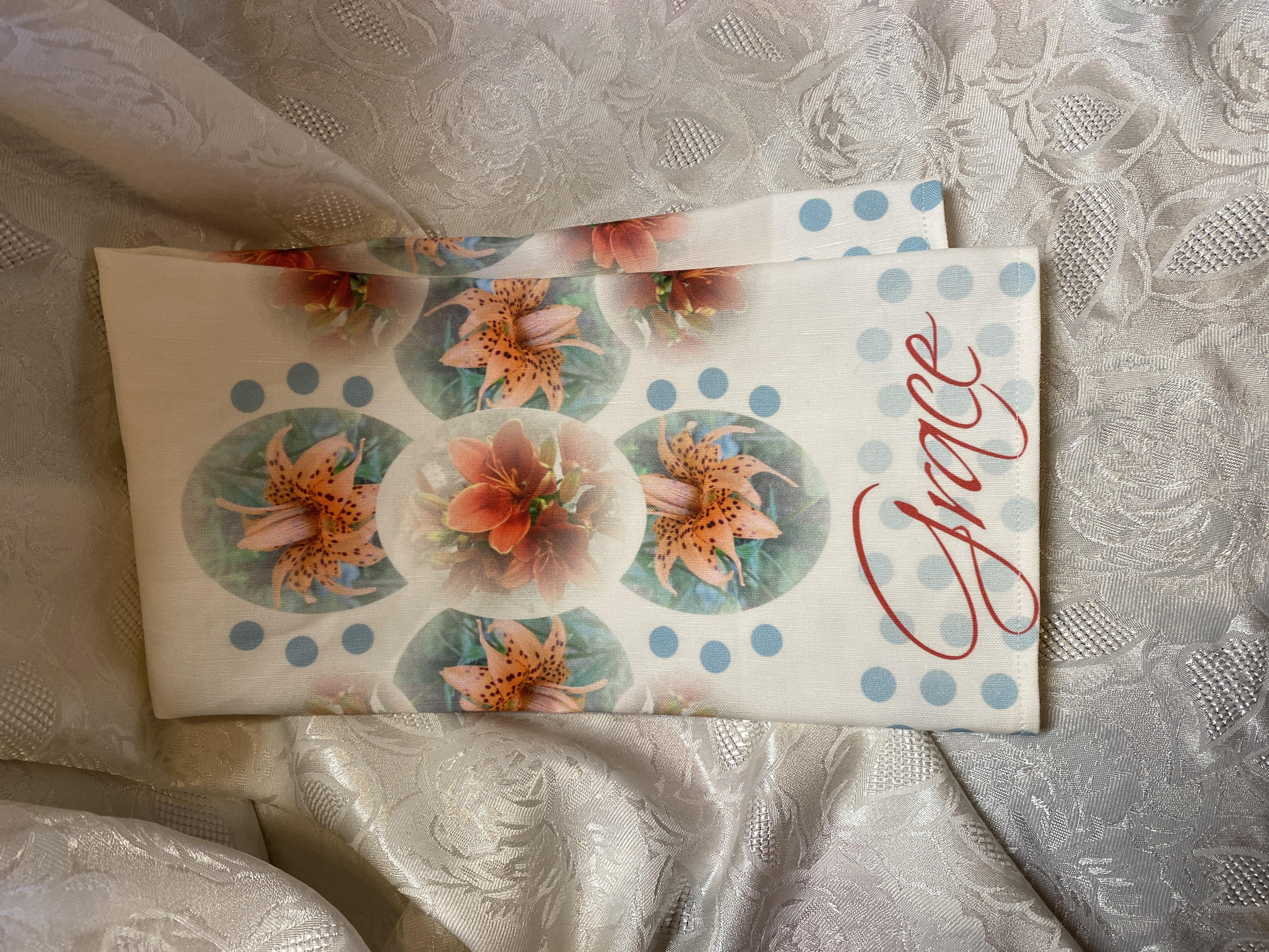 Christian GRACE Dish Towel, artist original design fabric, linen, nice big size, beautiful lilies, kitchen towel