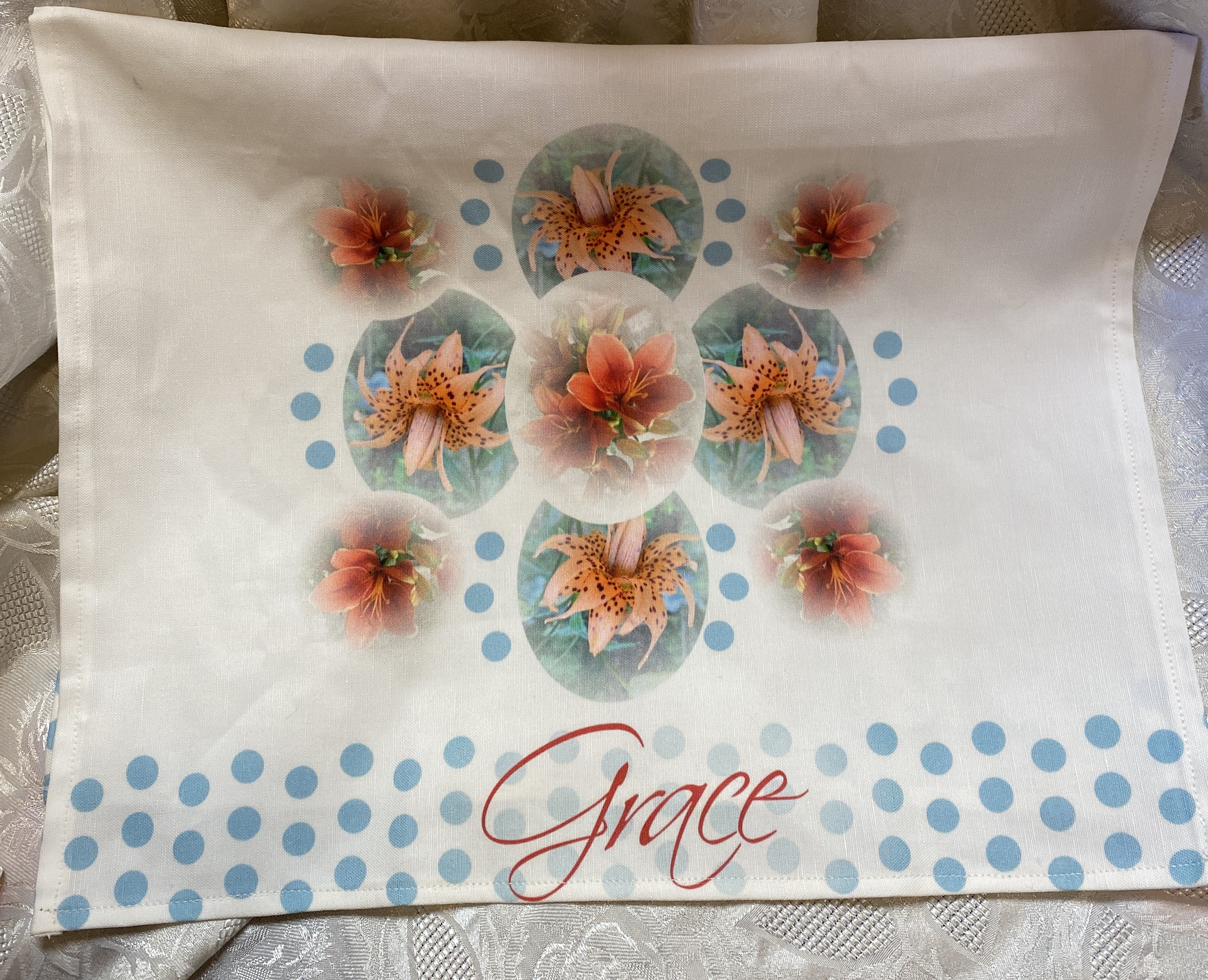 Christian GRACE Dish Towel, artist original design fabric, linen, nice big size, beautiful lilies, kitchen towel