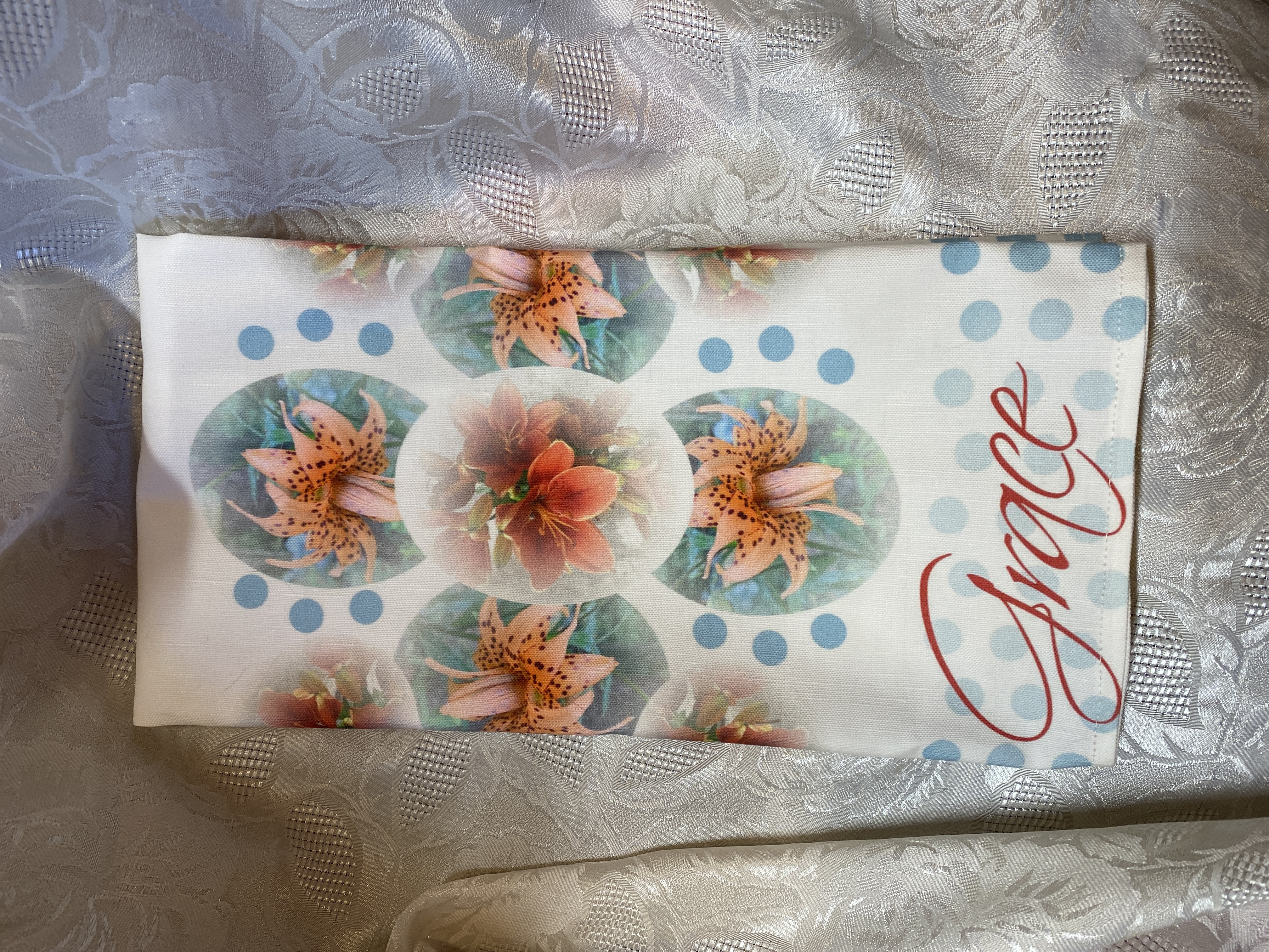 Christian GRACE Dish Towel, artist original design fabric, linen, nice big size, beautiful lilies, kitchen towel