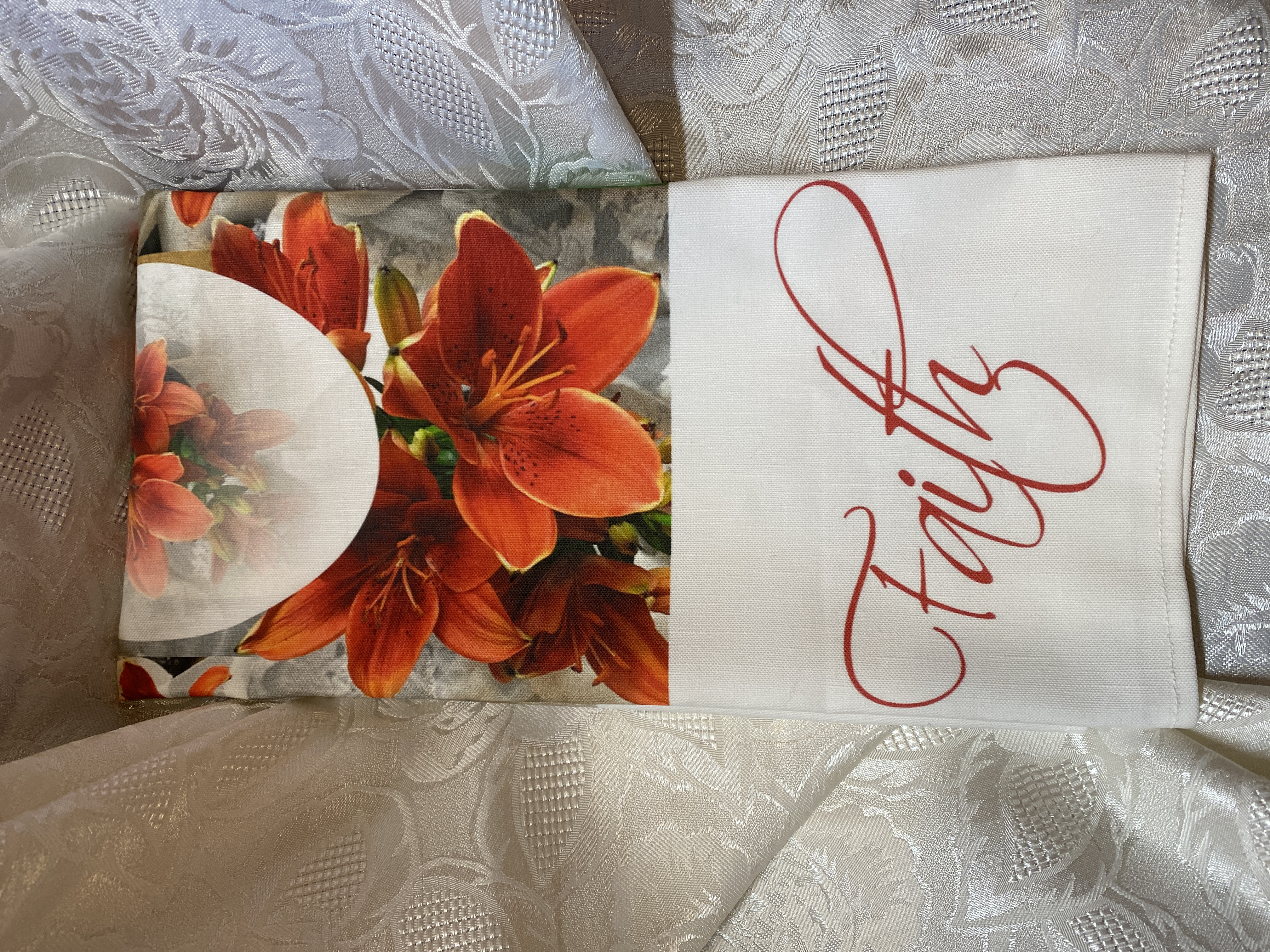 Christian FAITH Dish Towel, artist original design fabric, linen, nice big size, beautiful lilies, kitchen towel