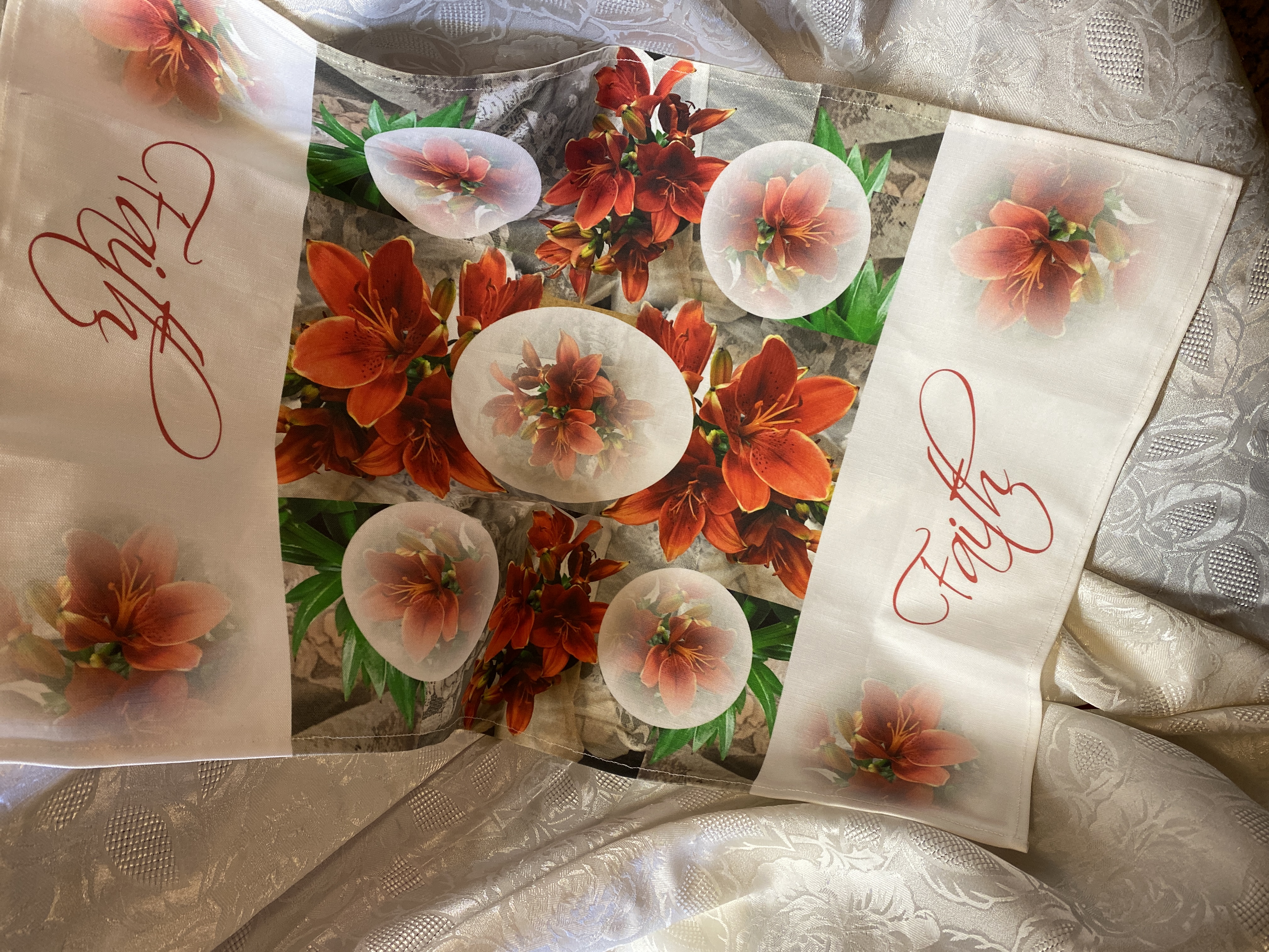 Christian FAITH Dish Towel, artist original design fabric, linen, nice big size, beautiful lilies, kitchen towel