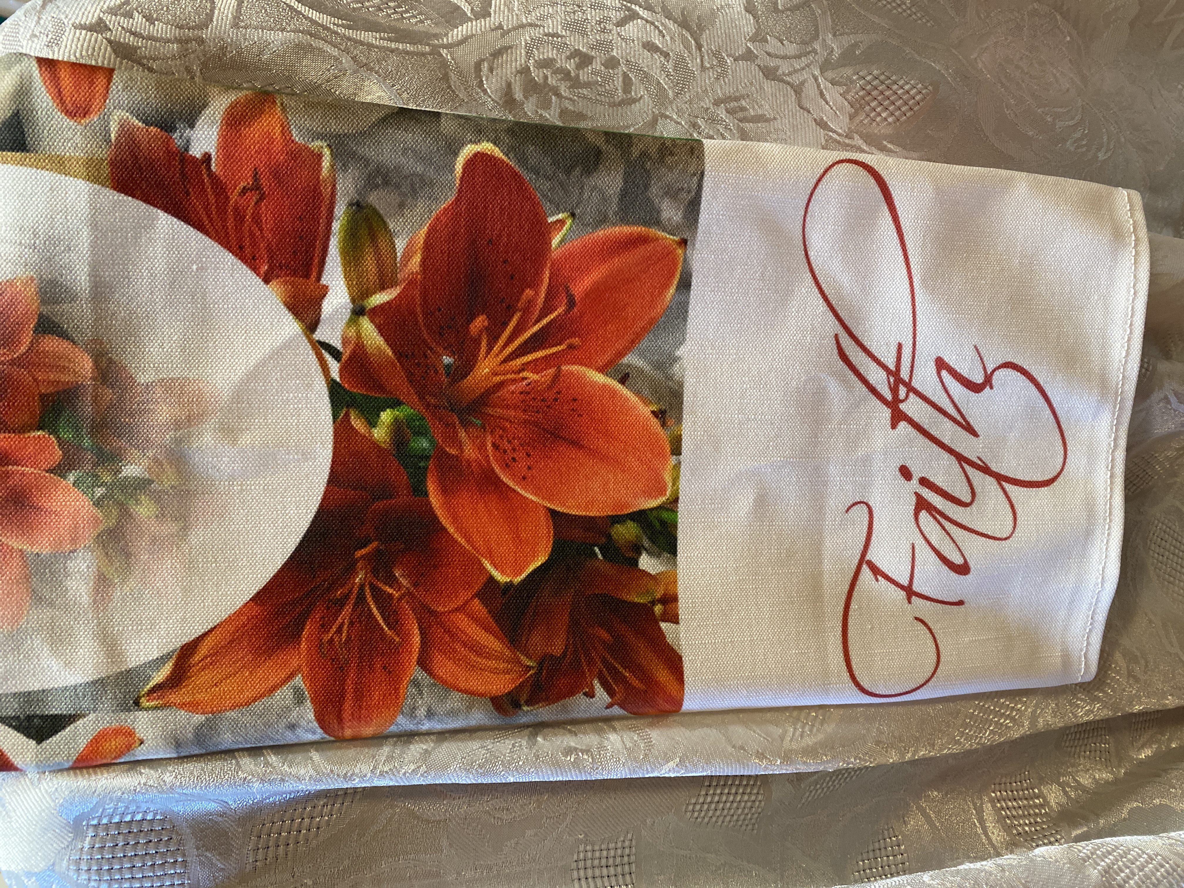 Christian FAITH Dish Towel, artist original design fabric, linen, nice big size, beautiful lilies, kitchen towel
