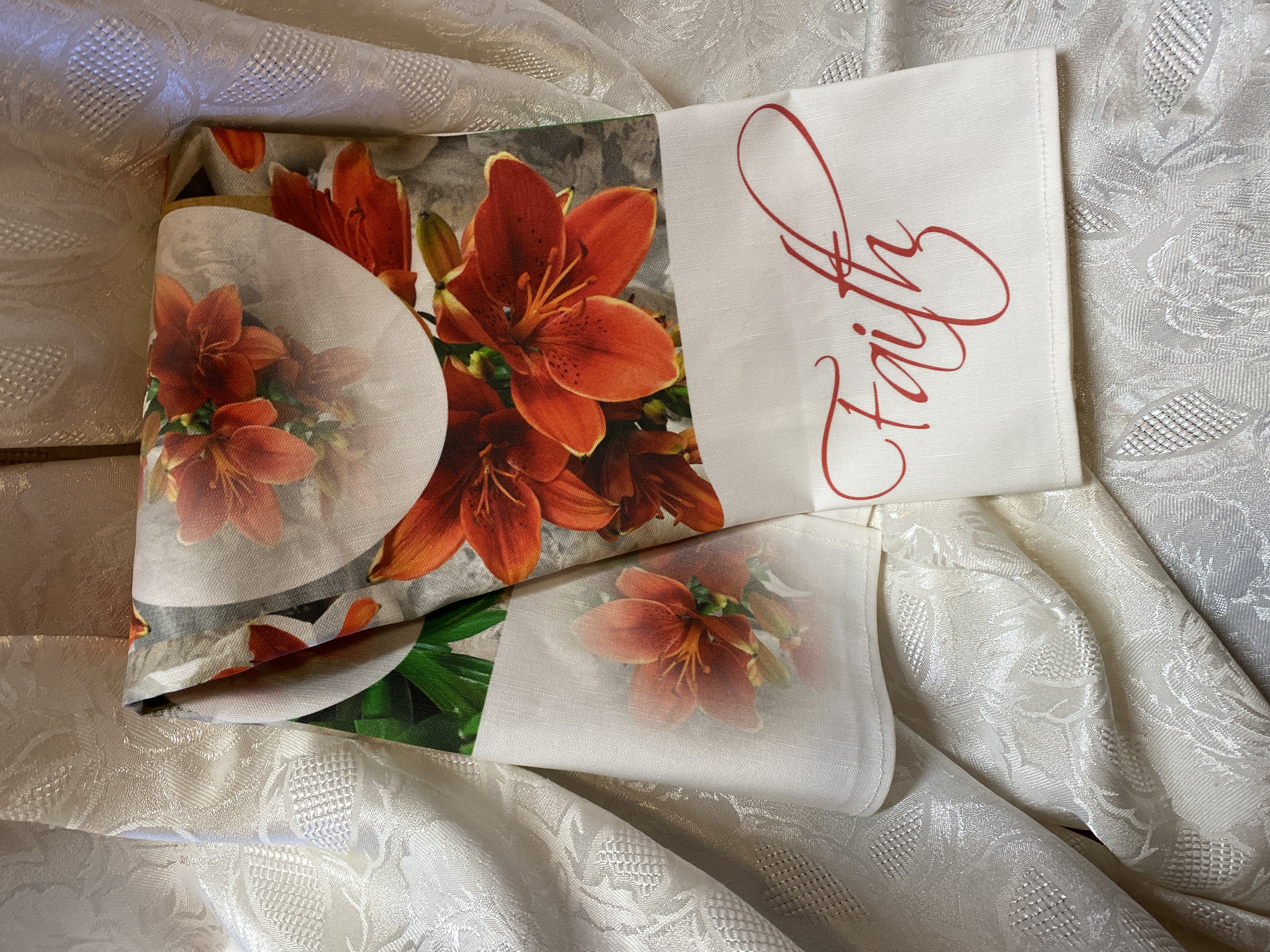 Christian FAITH Dish Towel, artist original design fabric, linen, nice big size, beautiful lilies, kitchen towel