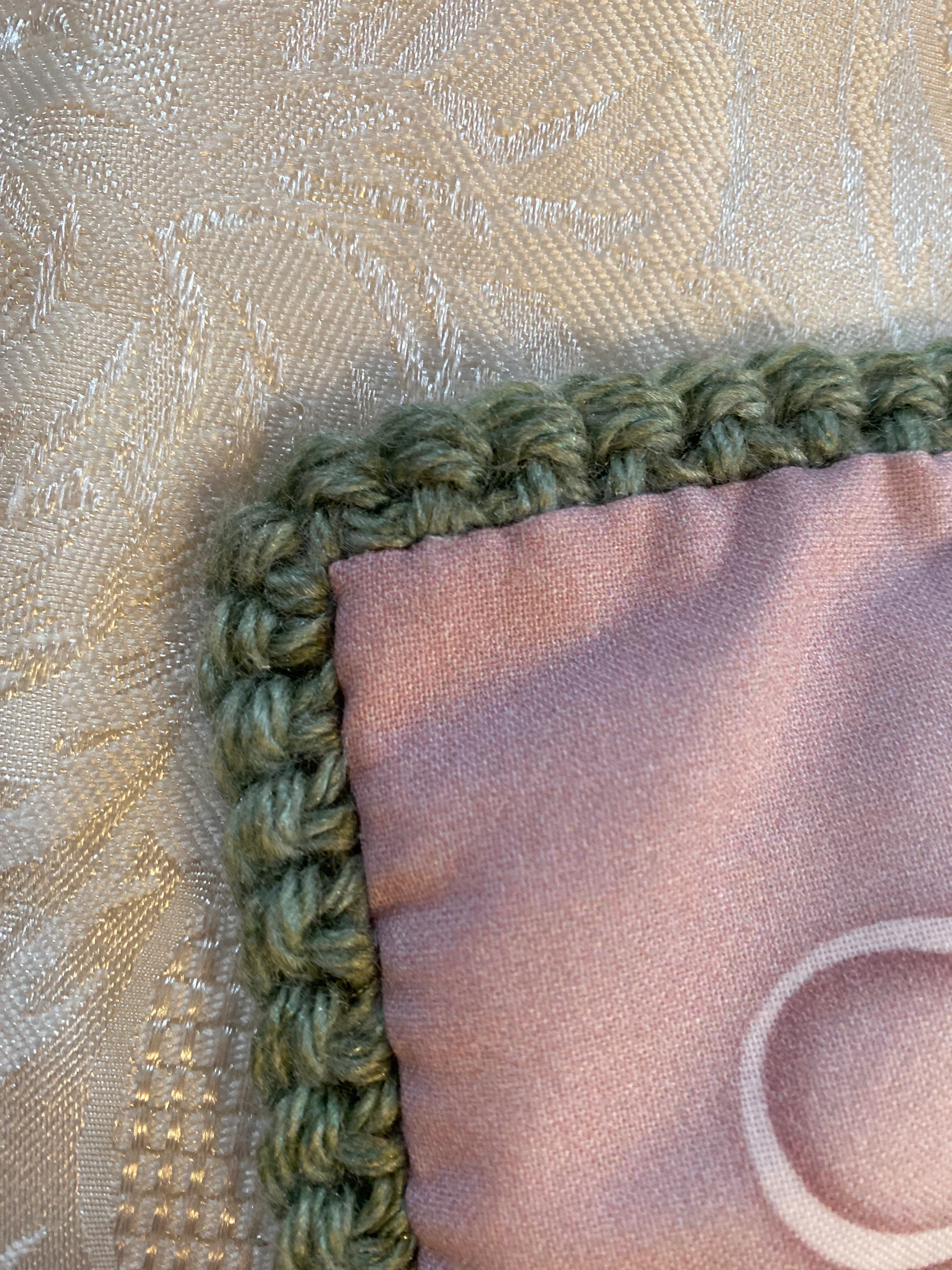 2 kitchen potholders, artist original design fabric, Jesus Loves You, Hope, beautiful and thick crochet potholders with quilt batting inside