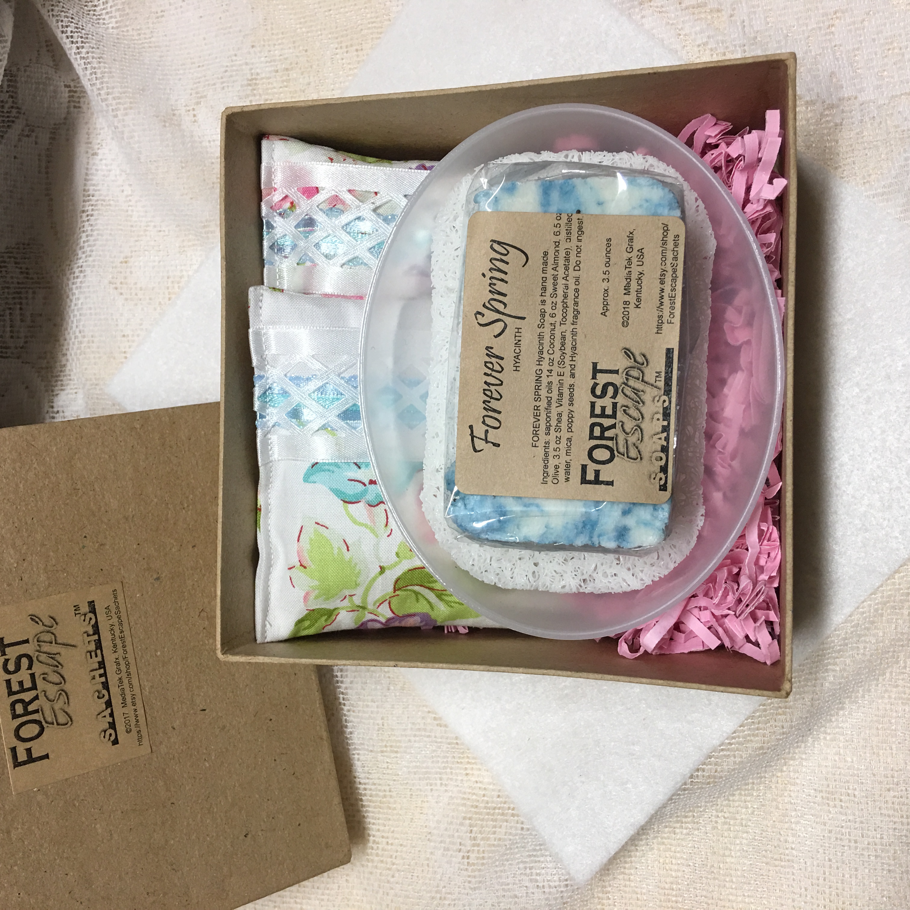 Great gift, FOREVER SPRING gift box, Forever Spring Hyacinth soap hand made in small batches, luxurious and soft, 2 drawer sachets