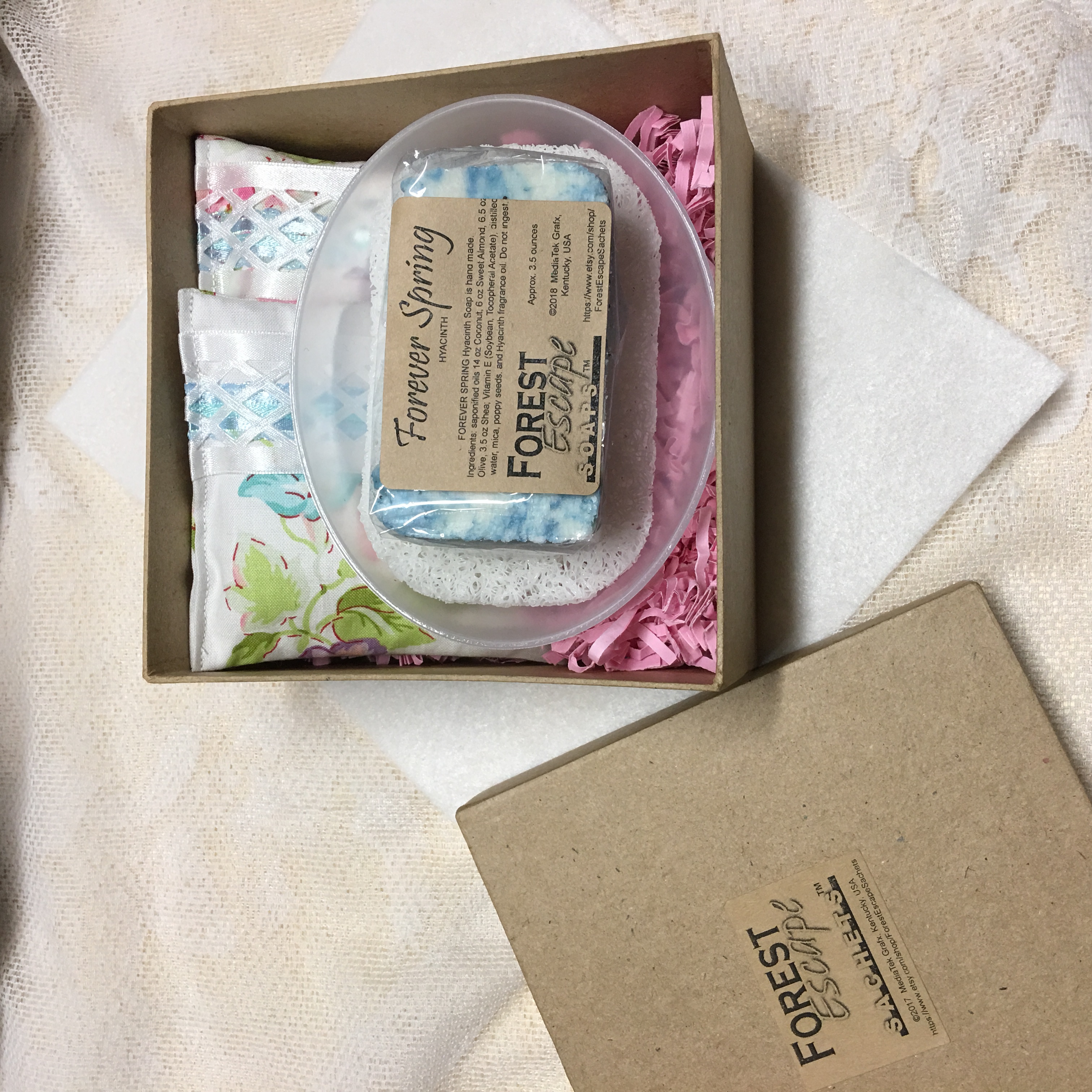 Great gift, FOREVER SPRING gift box, Forever Spring Hyacinth soap hand made in small batches, luxurious and soft, 2 drawer sachets