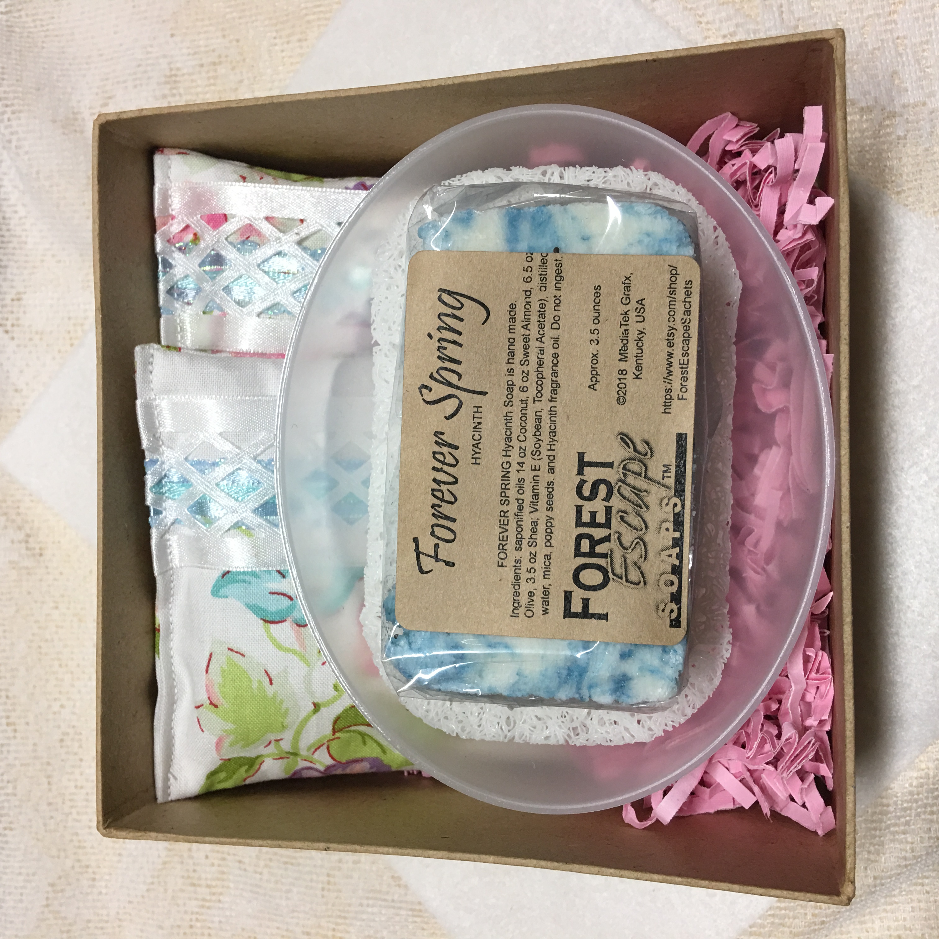 Great gift, FOREVER SPRING gift box, Forever Spring Hyacinth soap hand made in small batches, luxurious and soft, 2 drawer sachets