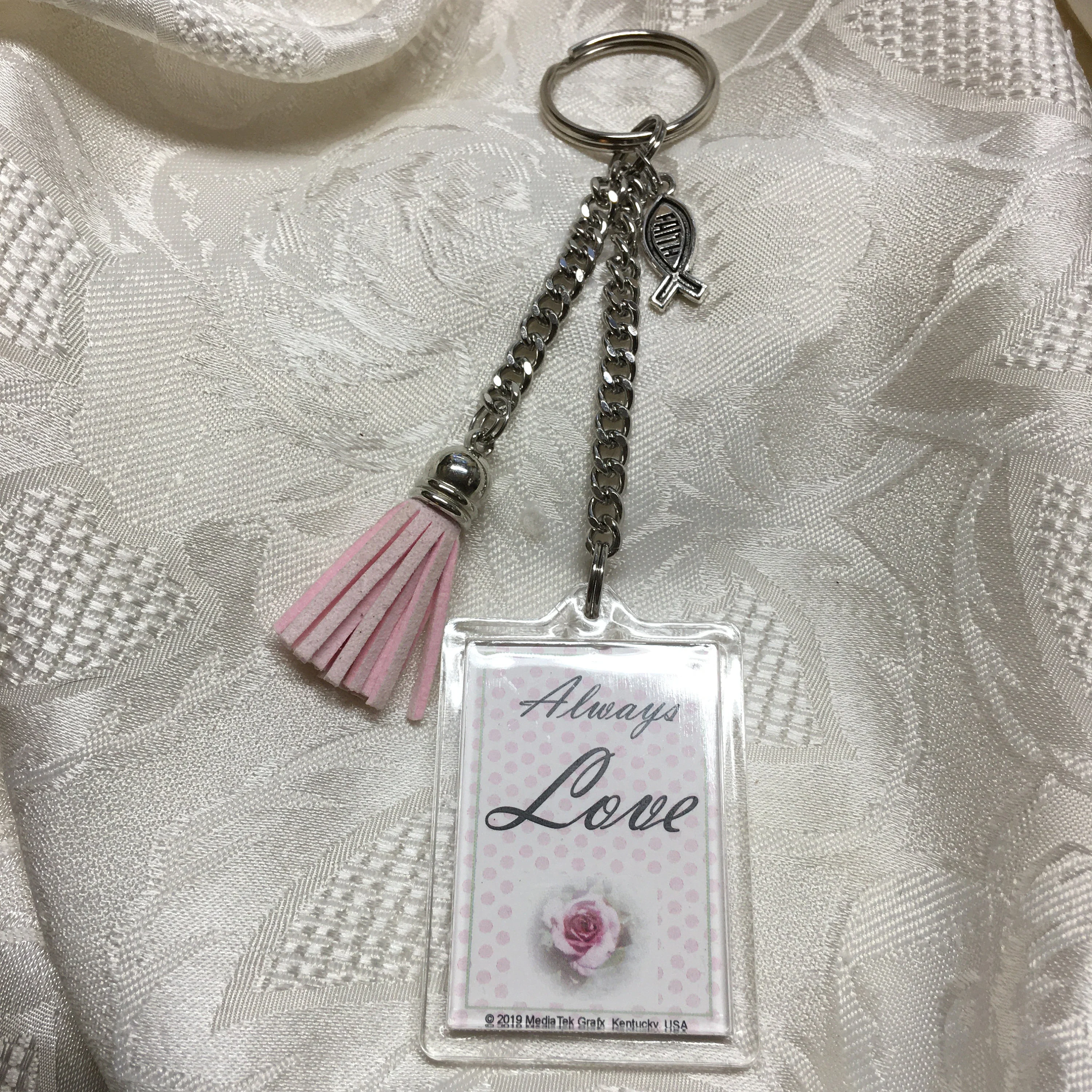 Christian Keychain Always Love with key ring, faith charm, pink tassel, chain, great gift for Christmas, for friend, Matthew 22 Scripture
