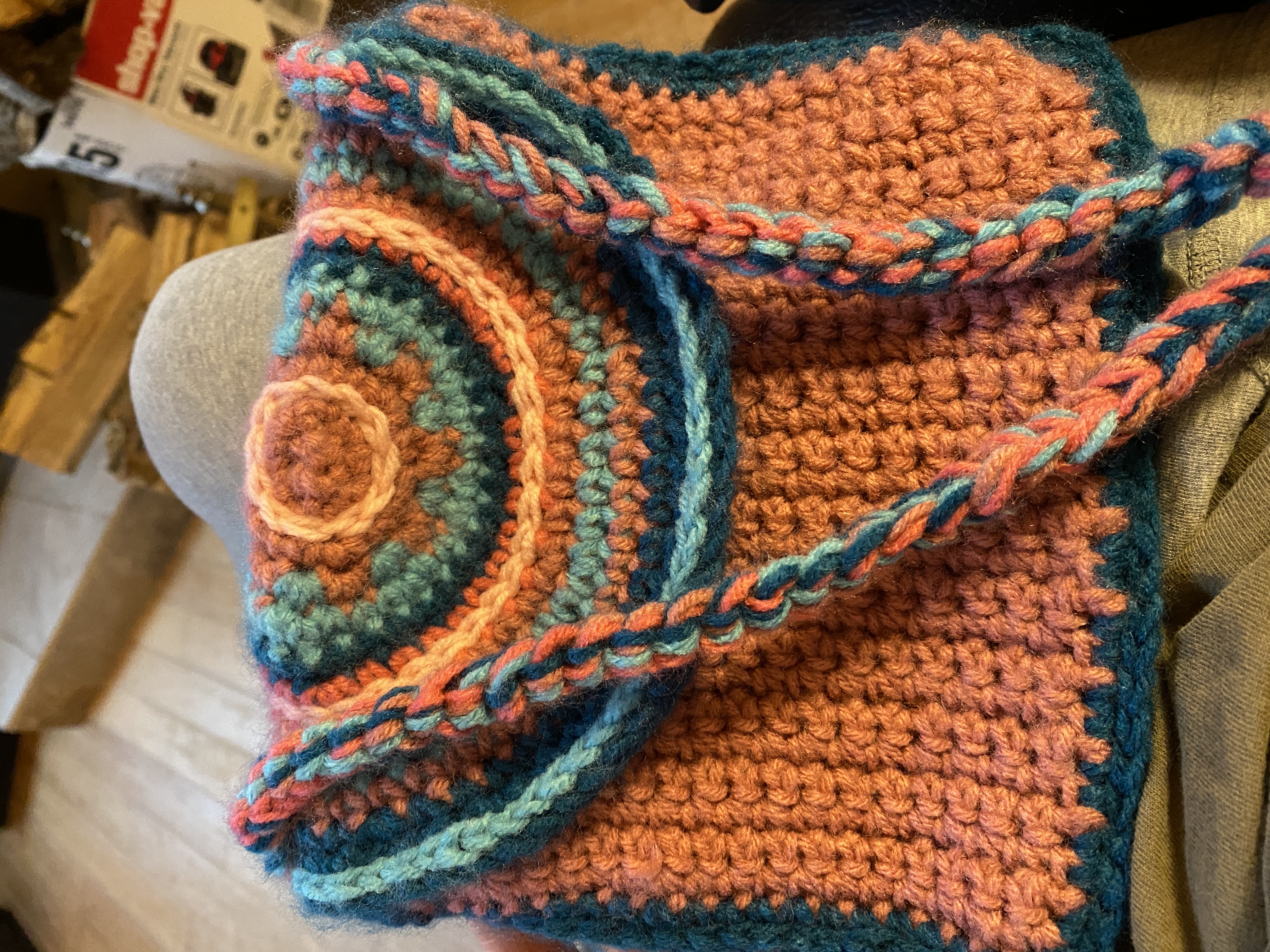 handmade crocheted purse, lined crochet handbag, Christian Faith Hope Love charm