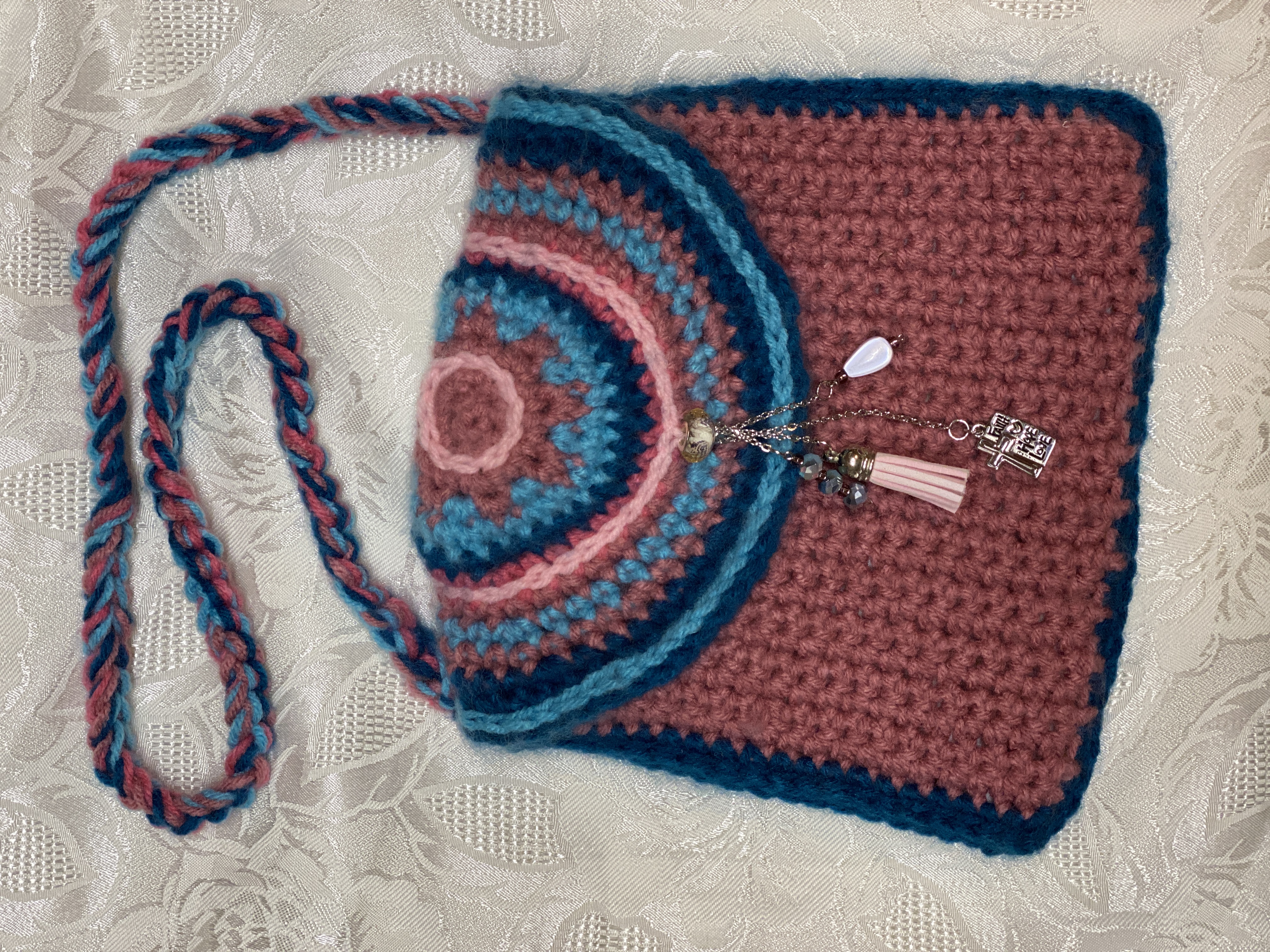 handmade crocheted purse, lined crochet handbag, Christian Faith Hope Love charm