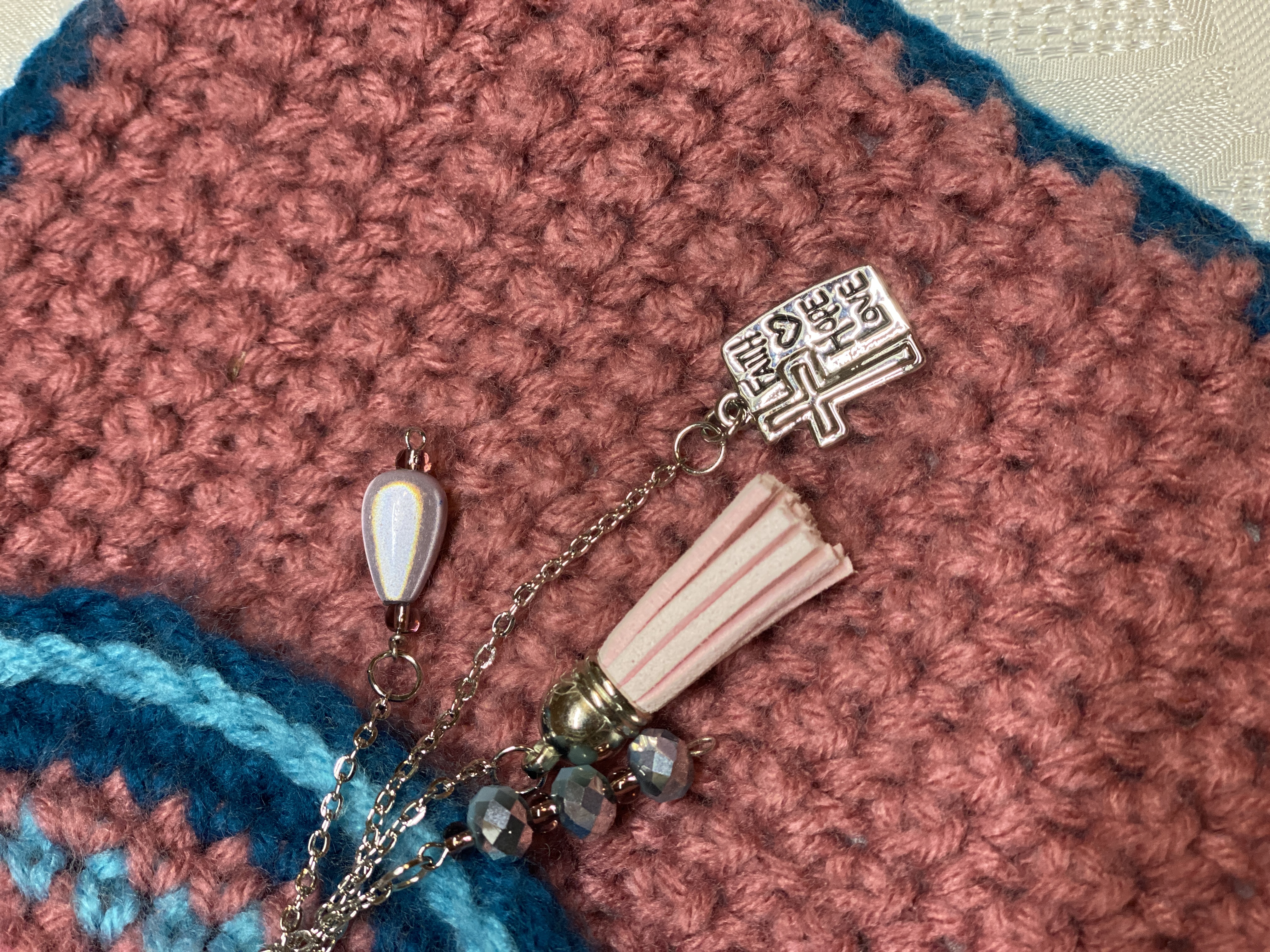 handmade crocheted purse, lined crochet handbag, Christian Faith Hope Love charm