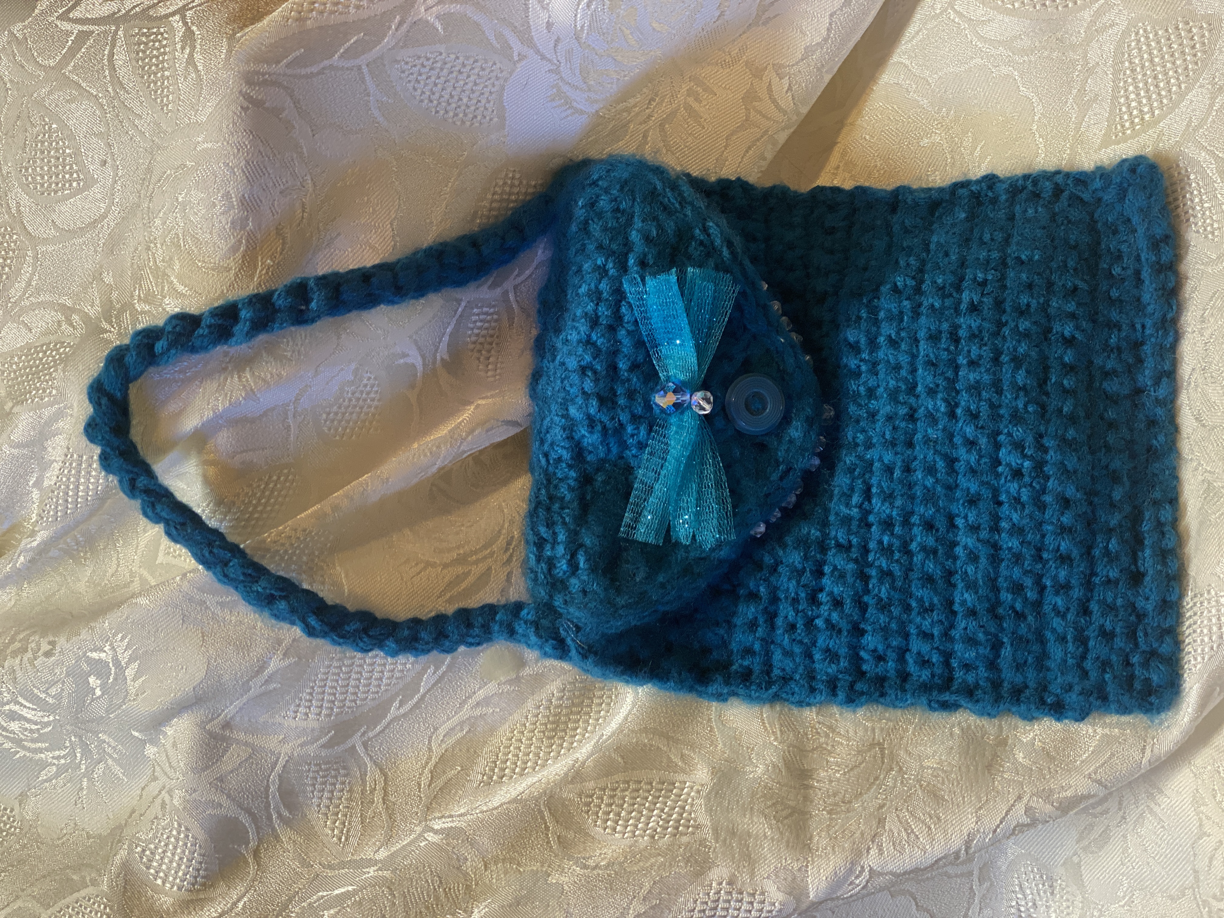 handmade dark teal crocheted purse, lined crochet handbag with free Christian gift tag