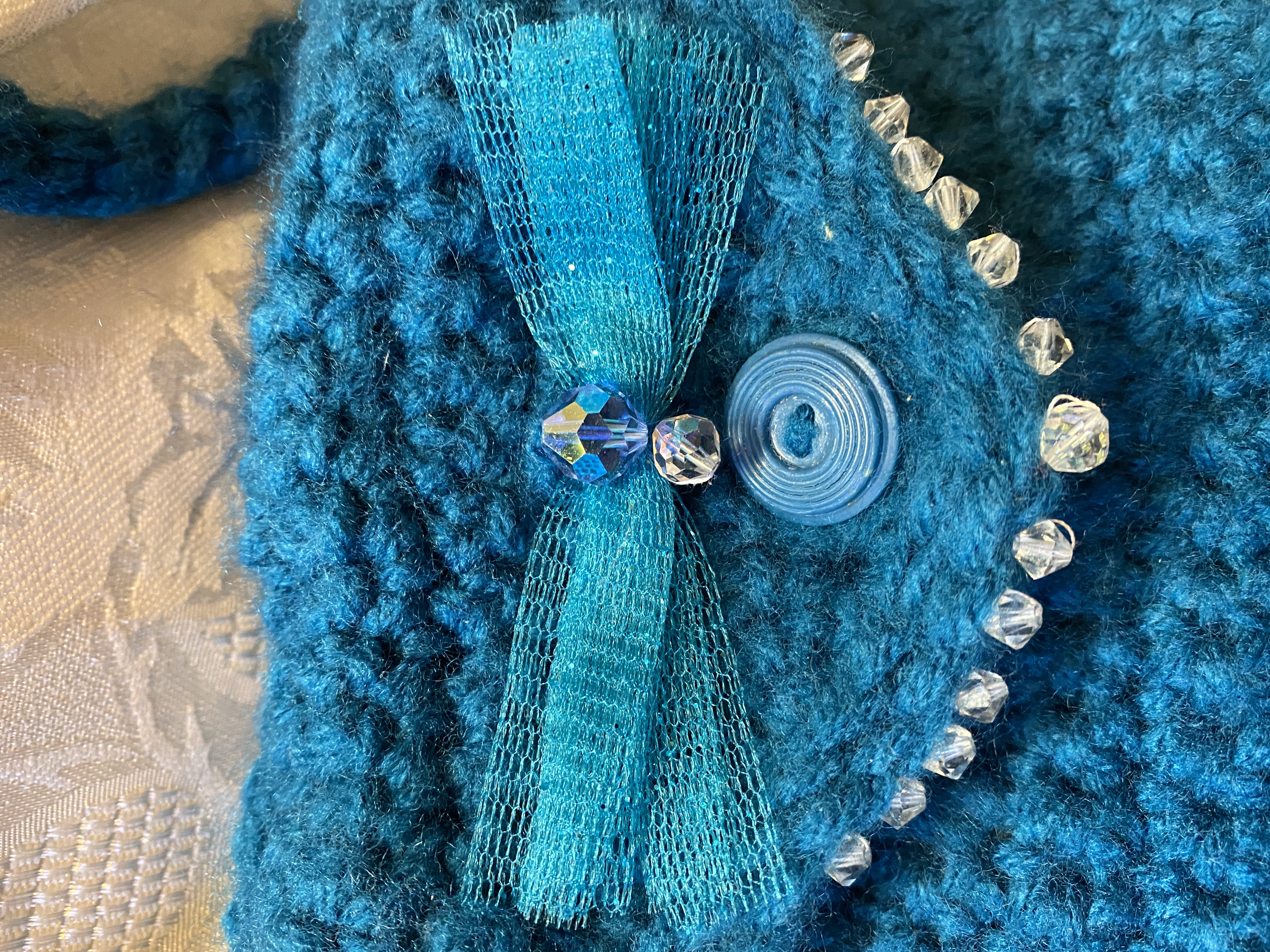 handmade dark teal crocheted purse, lined crochet handbag with free Christian gift tag