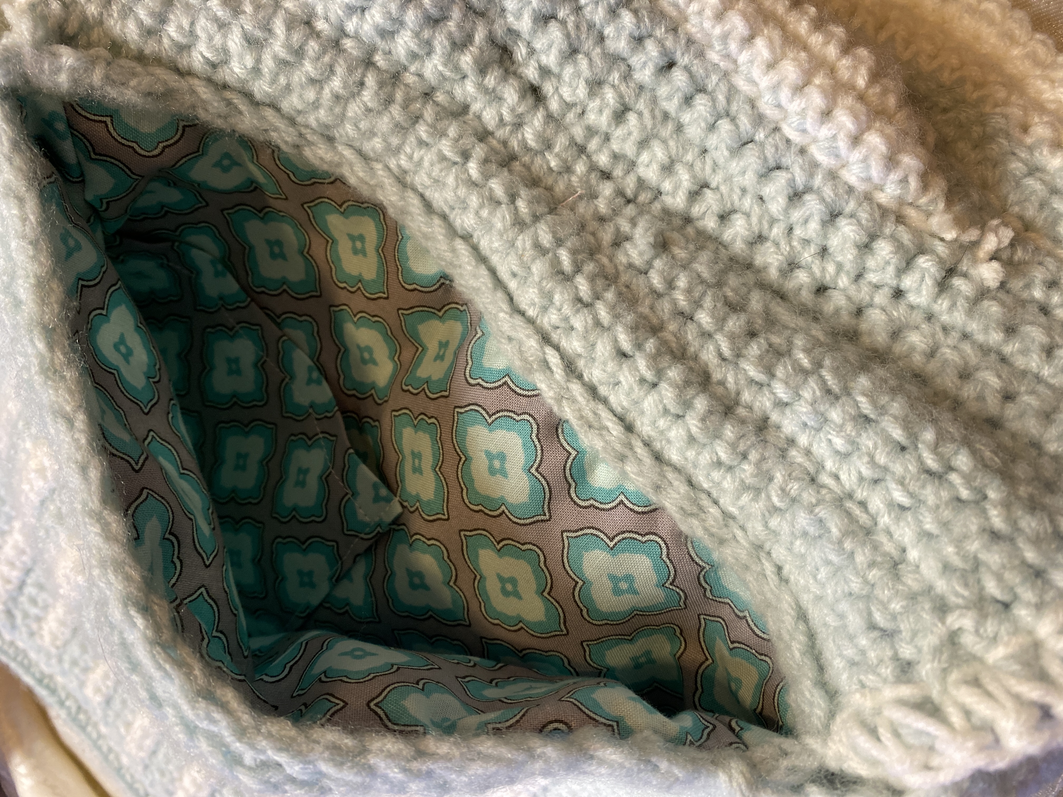 handmade icy teal and white crocheted purse, lined crochet handbag with Christian heart with cross charm