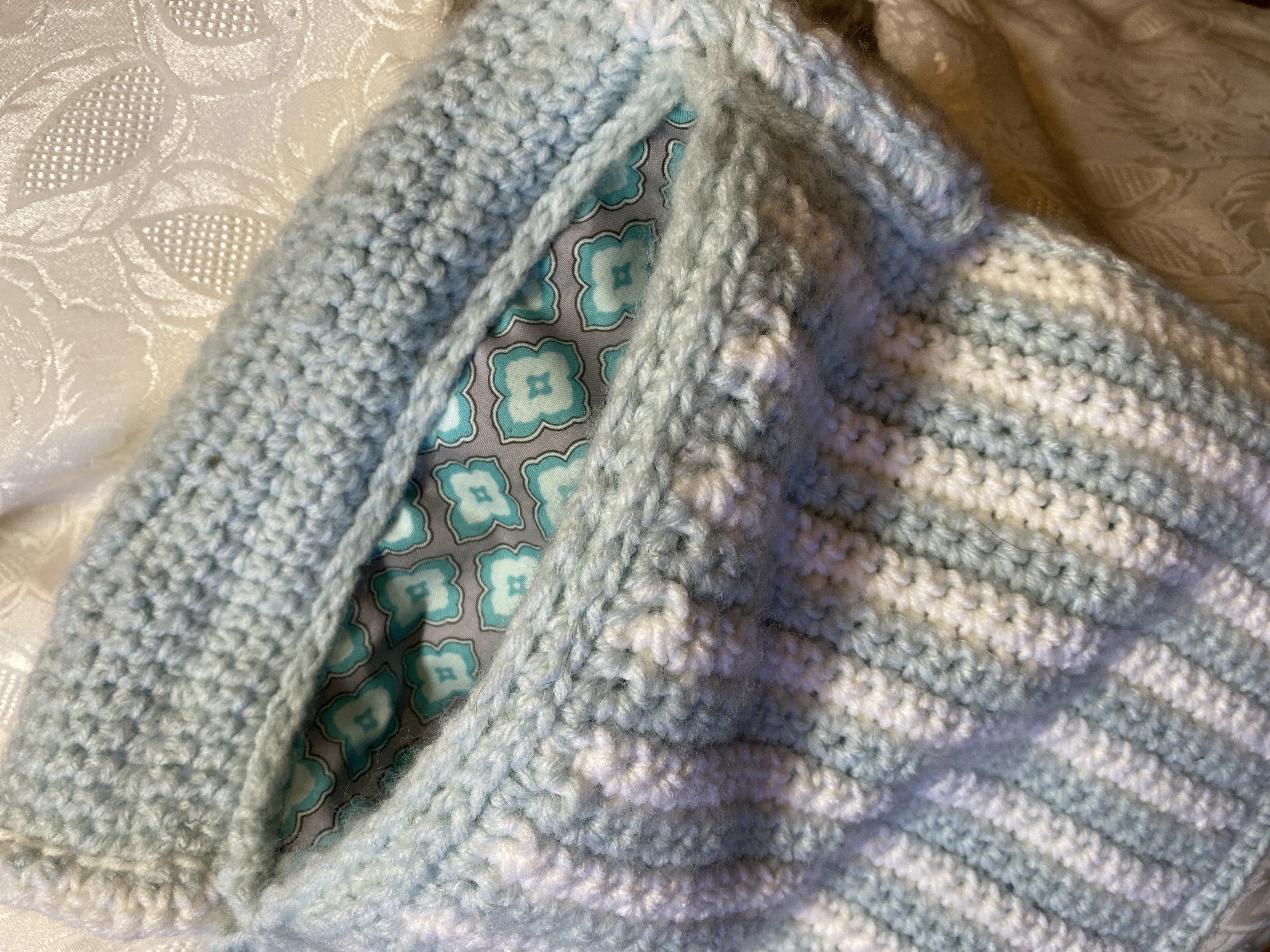 handmade icy teal and white crocheted purse, lined crochet handbag with Christian heart with cross charm