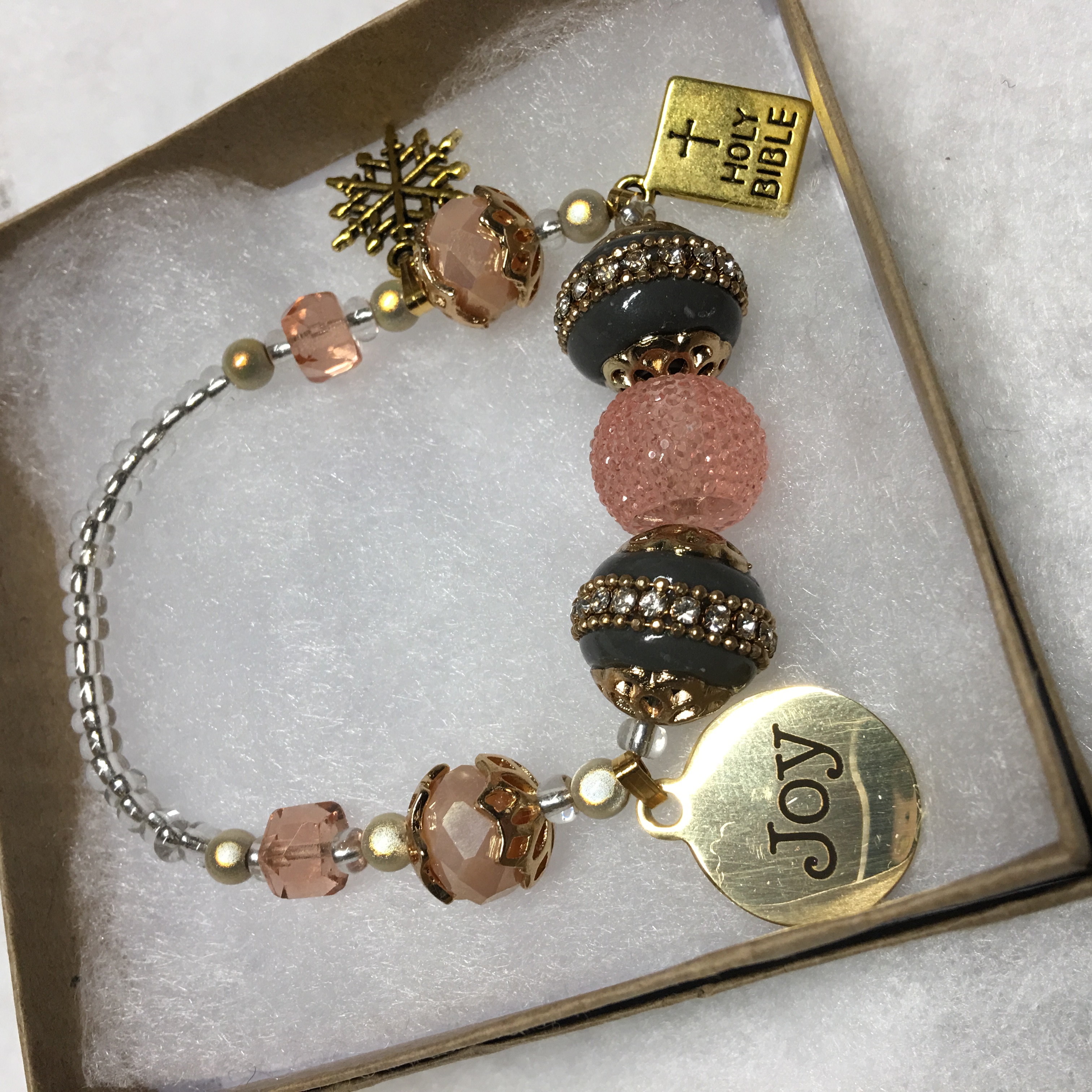 JOY! Peach Snow Sparkles Bracelet, beautiful beads and Christian message, wonderful and pretty Christian gift!