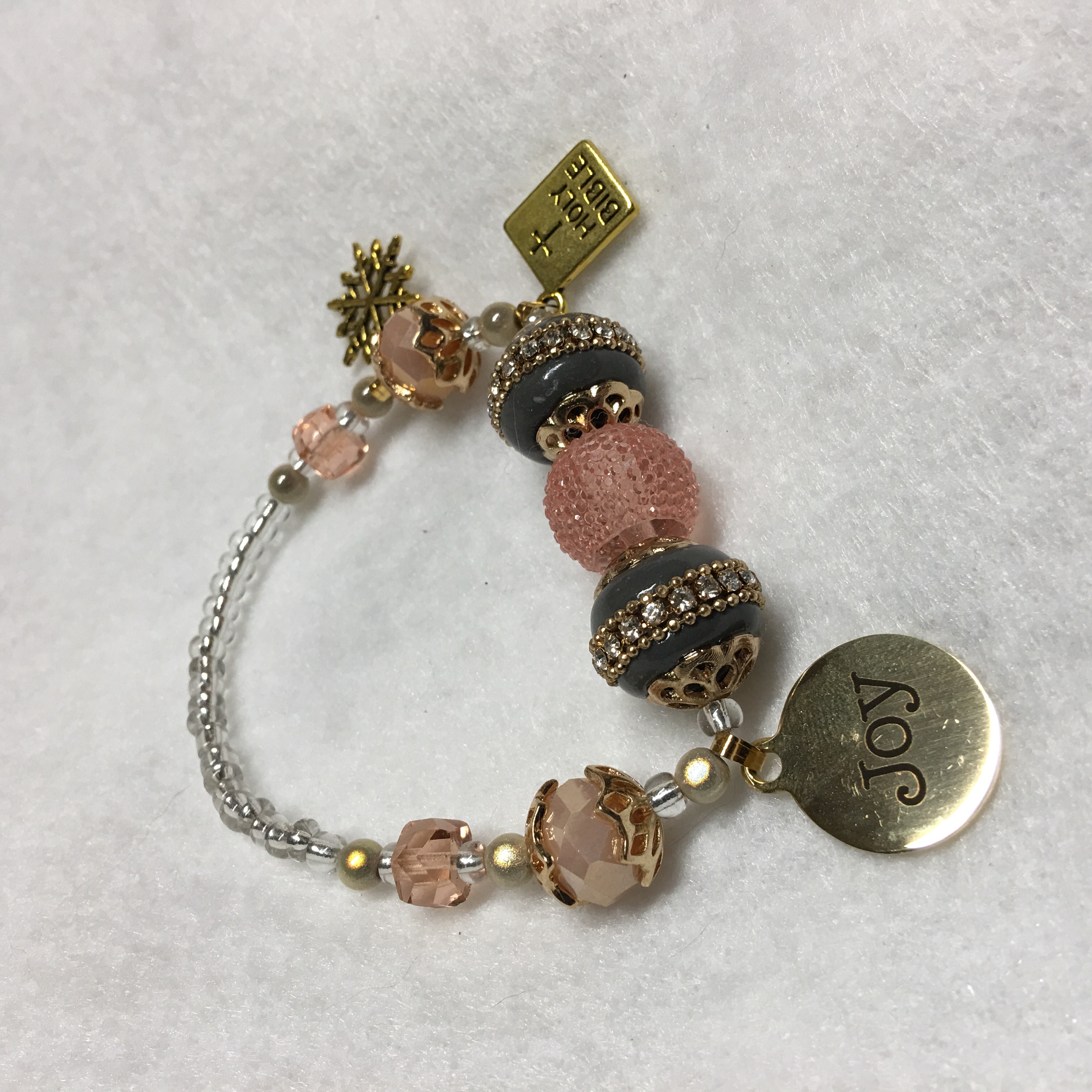 JOY! Peach Snow Sparkles Bracelet, beautiful beads and Christian message, wonderful and pretty Christian gift!