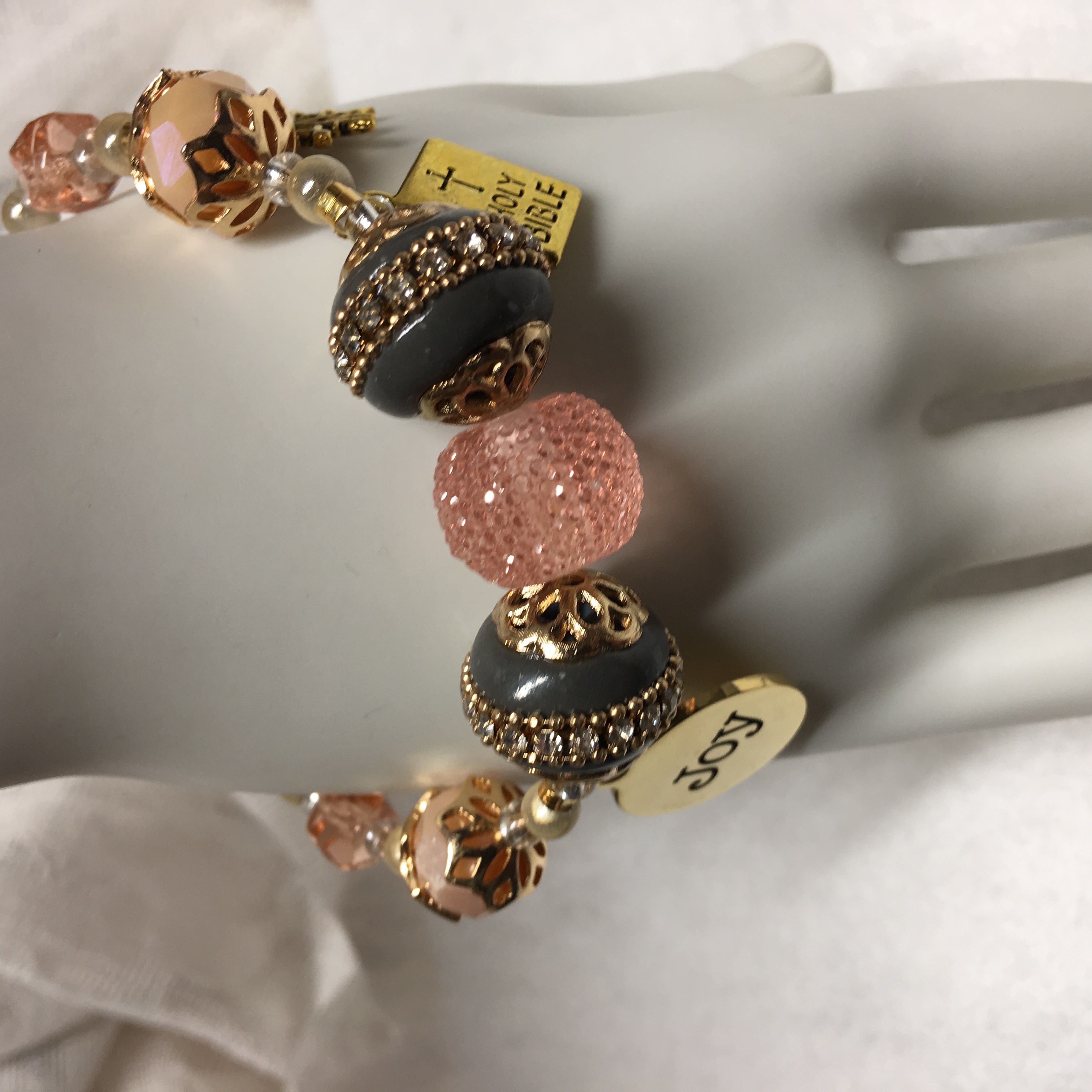 JOY! Peach Snow Sparkles Bracelet, beautiful beads and Christian message, wonderful and pretty Christian gift!