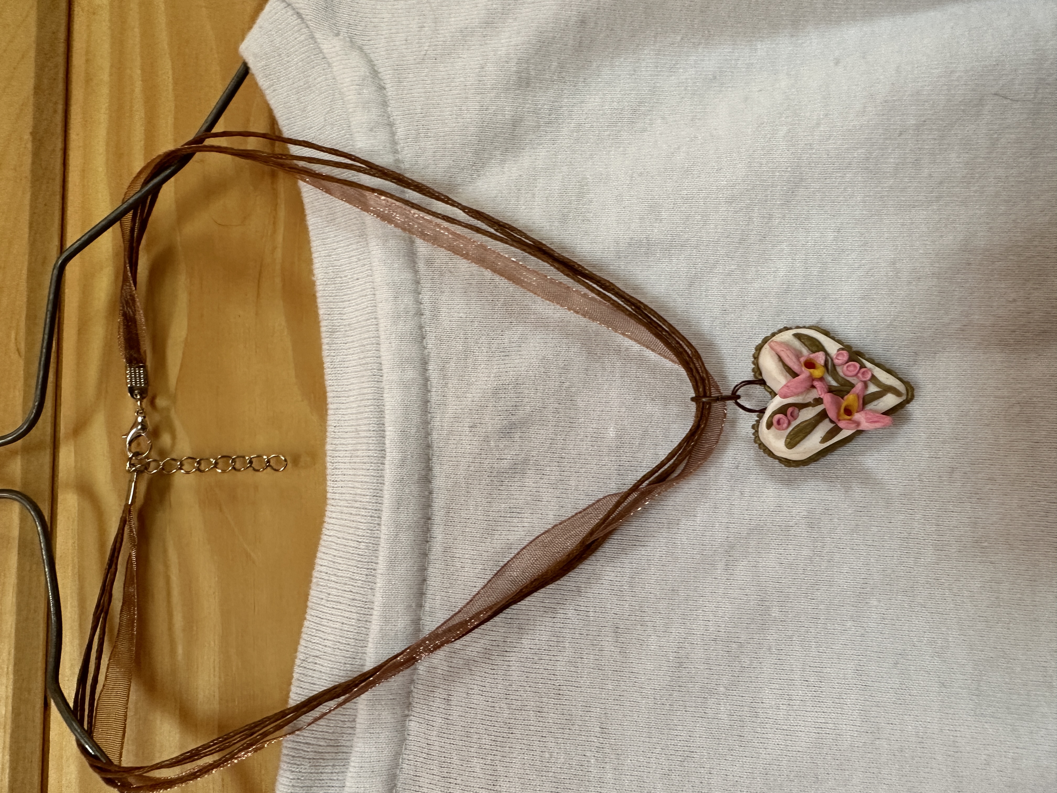 Whatsoever things are lovely floral necklace heart, polymer, ribbon and brown strands