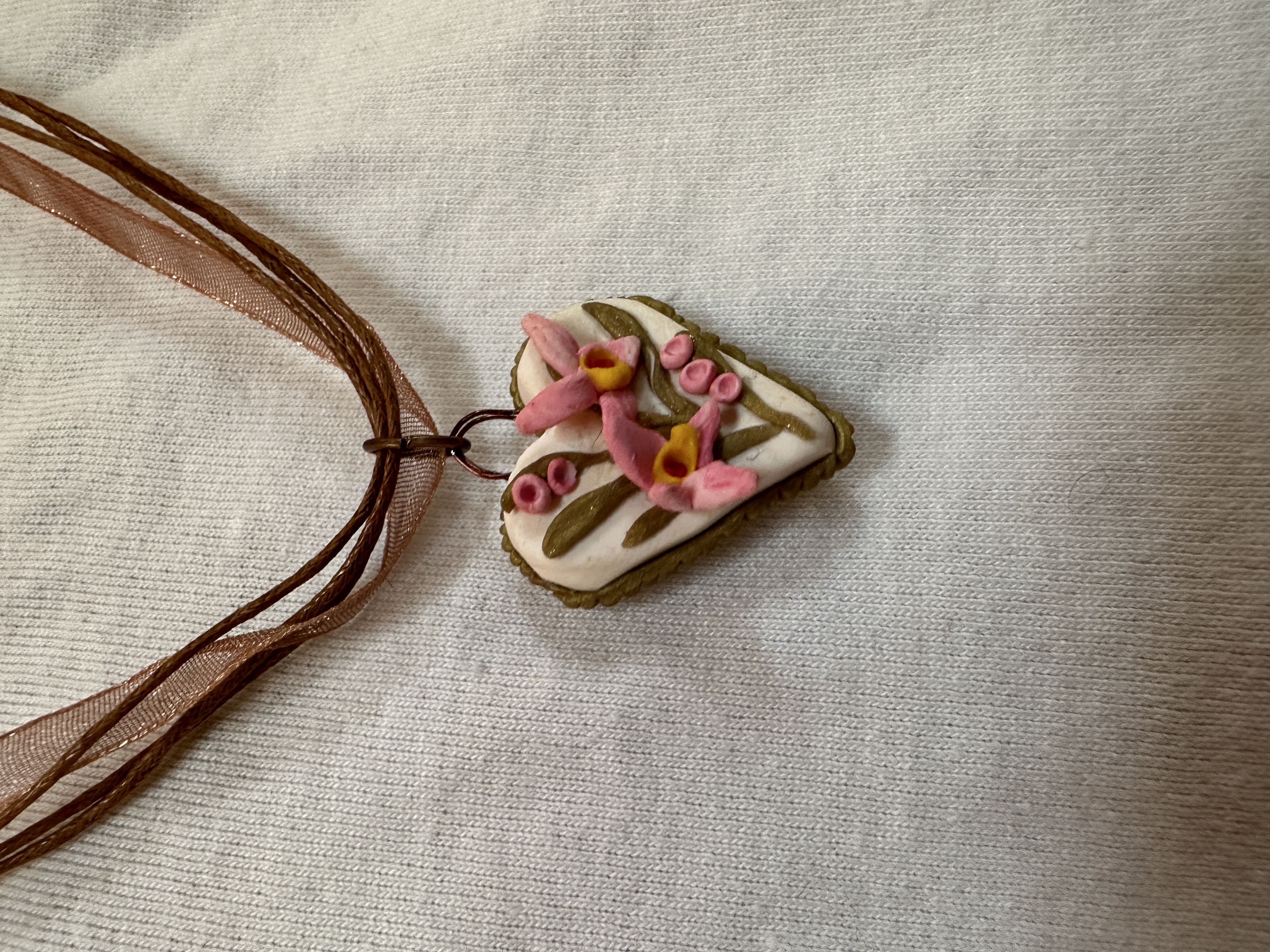 Whatsoever things are lovely floral necklace heart, polymer, ribbon and brown strands