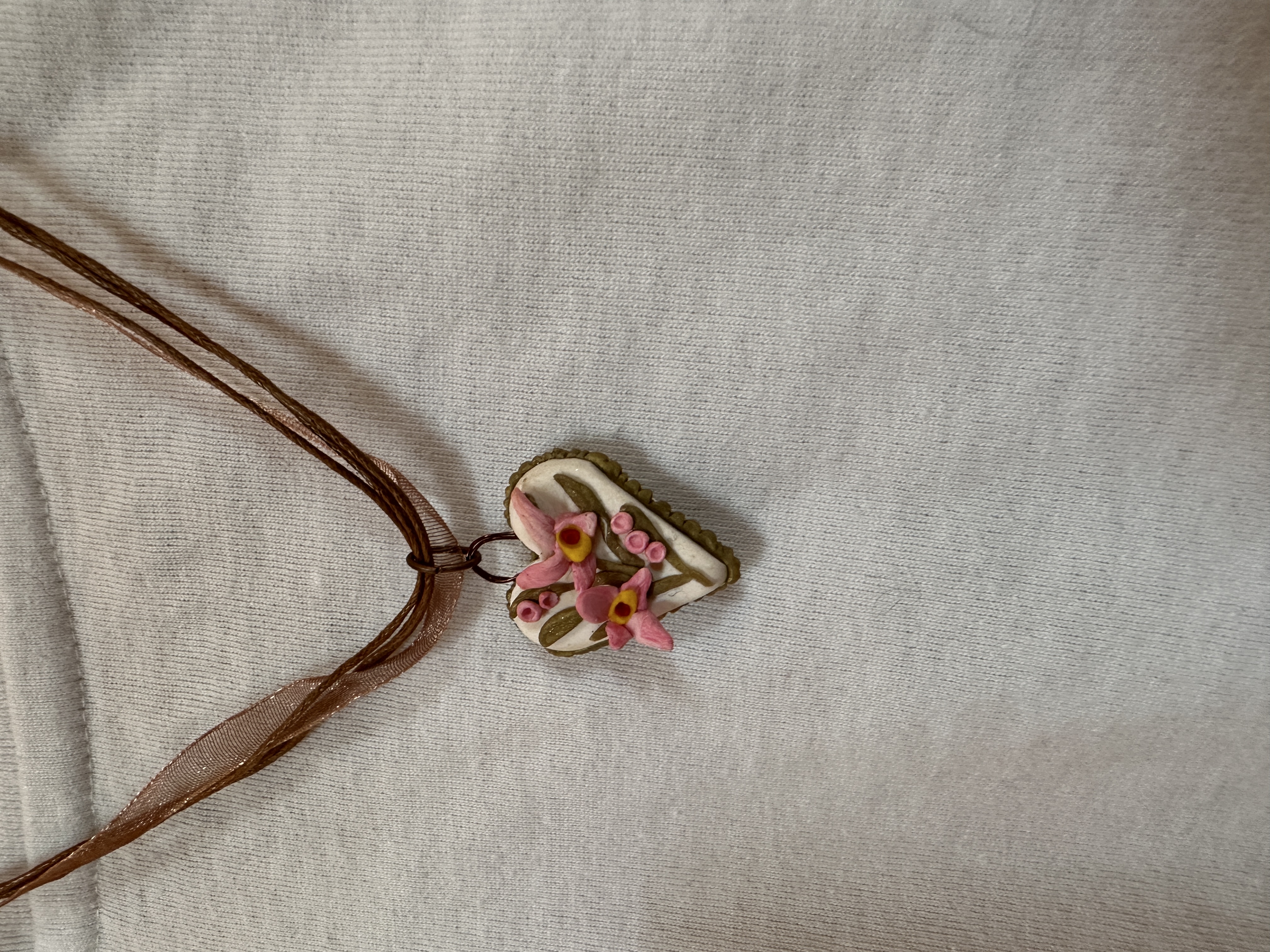 Whatsoever things are lovely floral necklace heart, polymer, ribbon and brown strands