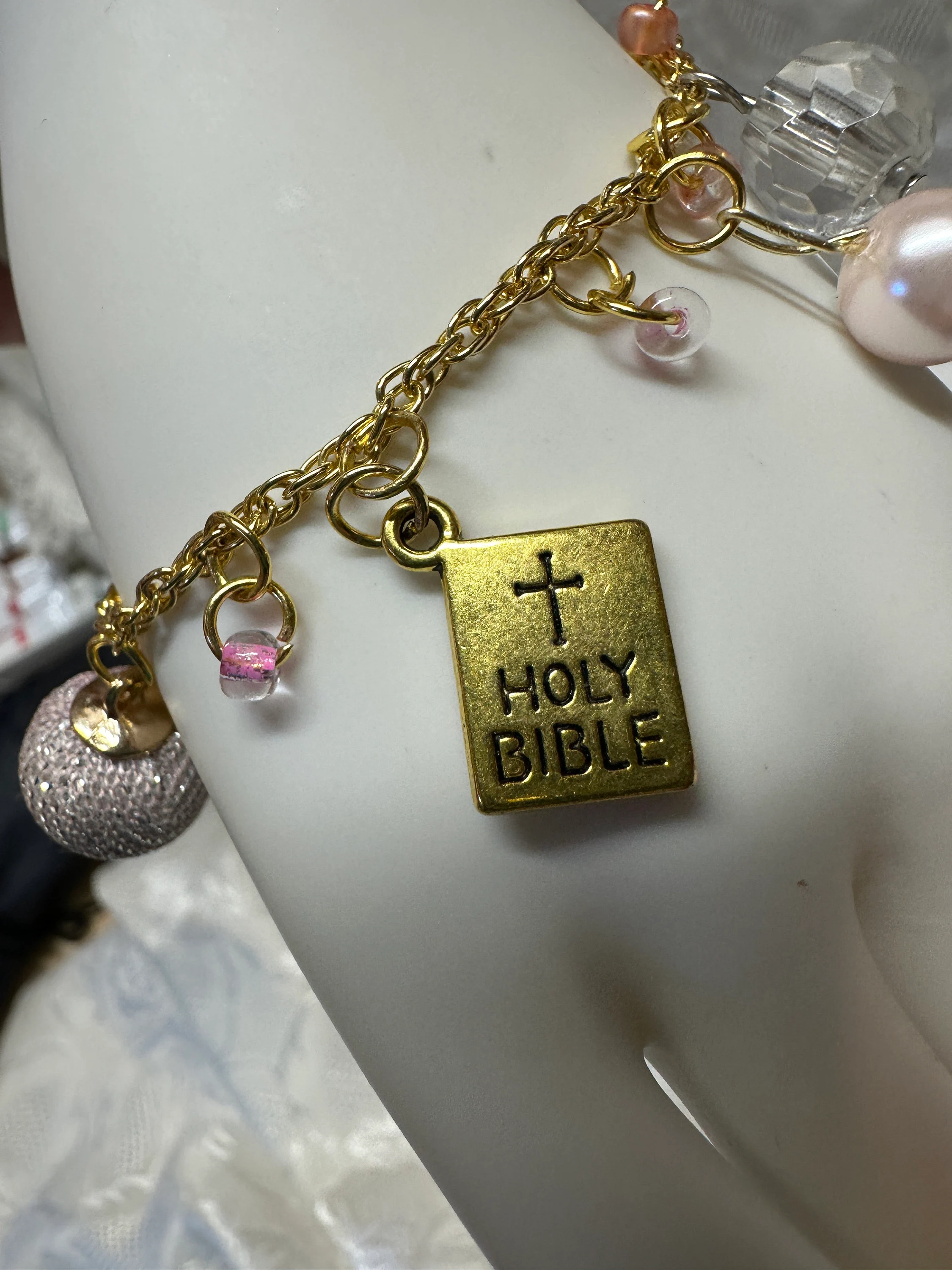Christian bracelet with Bible charm and pretty beads, dainty, gift for friend, bracelet is 7 inches around wrist, matching earrings