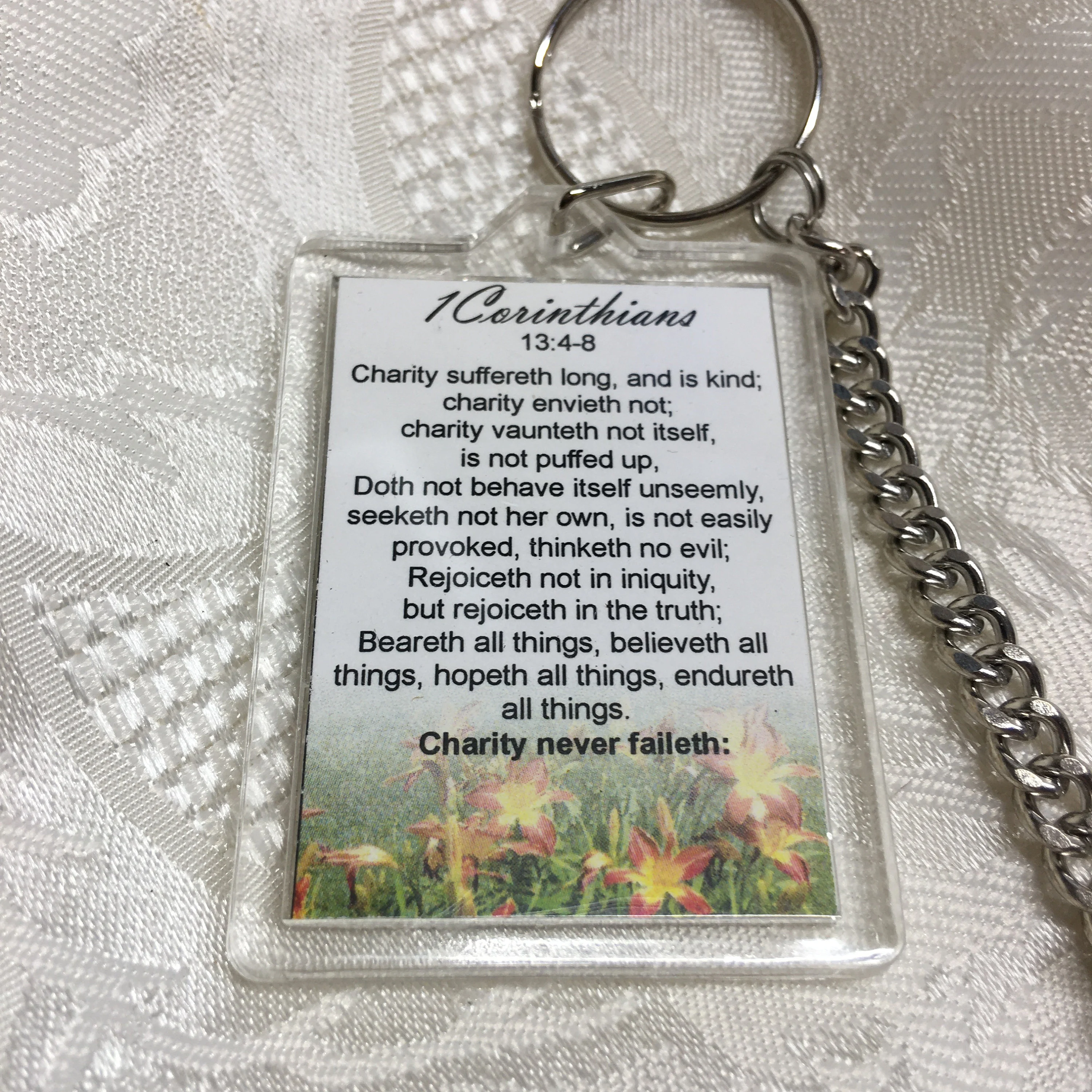 Christian Keychain LOVE NEVER FAILS with key ring, faith charm, beads, chain, great gift for Christmas, for friend