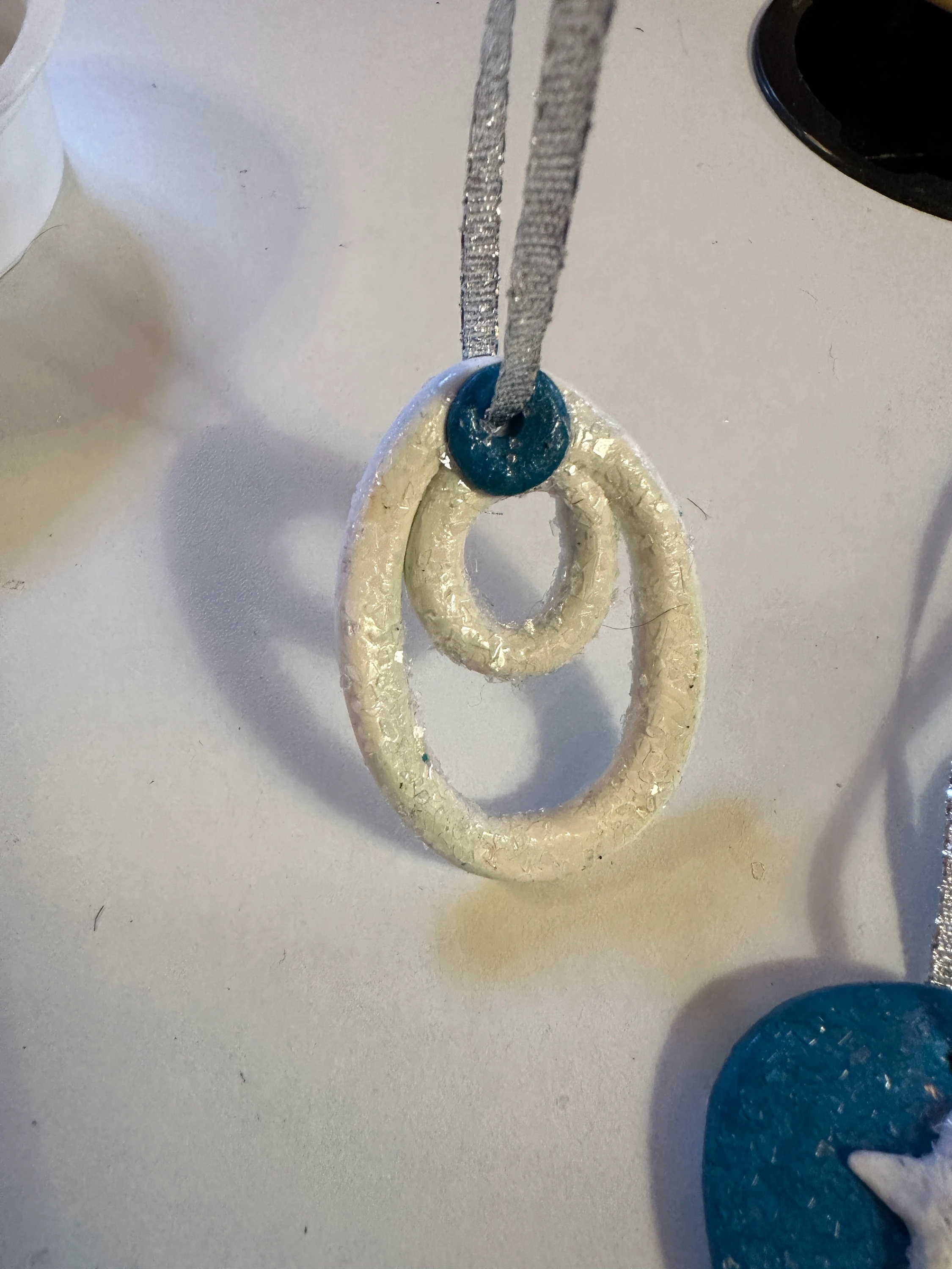 White star cross on blue Christmas Tree Ornaments, white coil with blue, silver color ribbon, glitter, 3 in the set, Christmas decoration