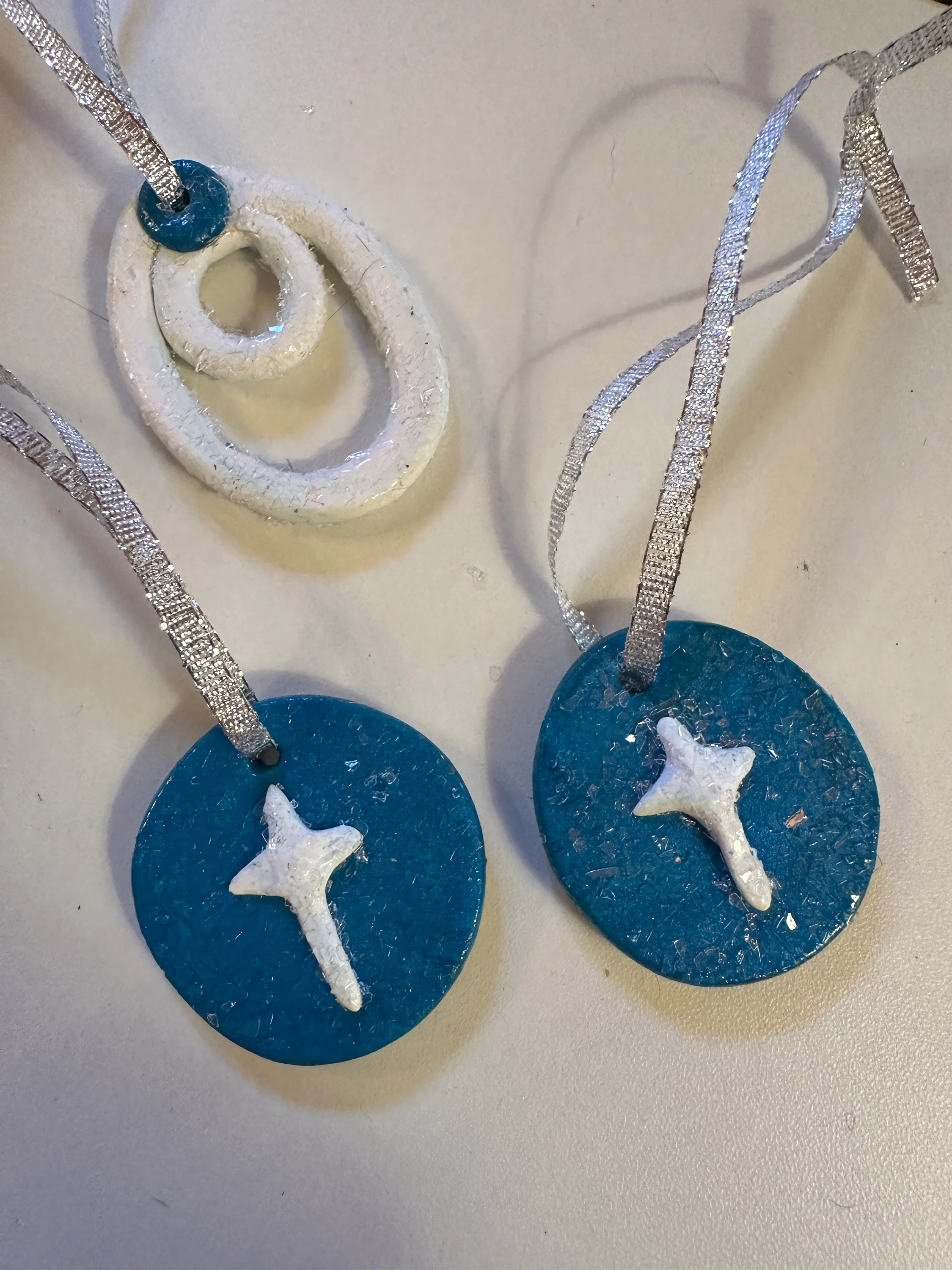 White star cross on blue Christmas Tree Ornaments, white coil with blue, silver color ribbon, glitter, 3 in the set, Christmas decoration