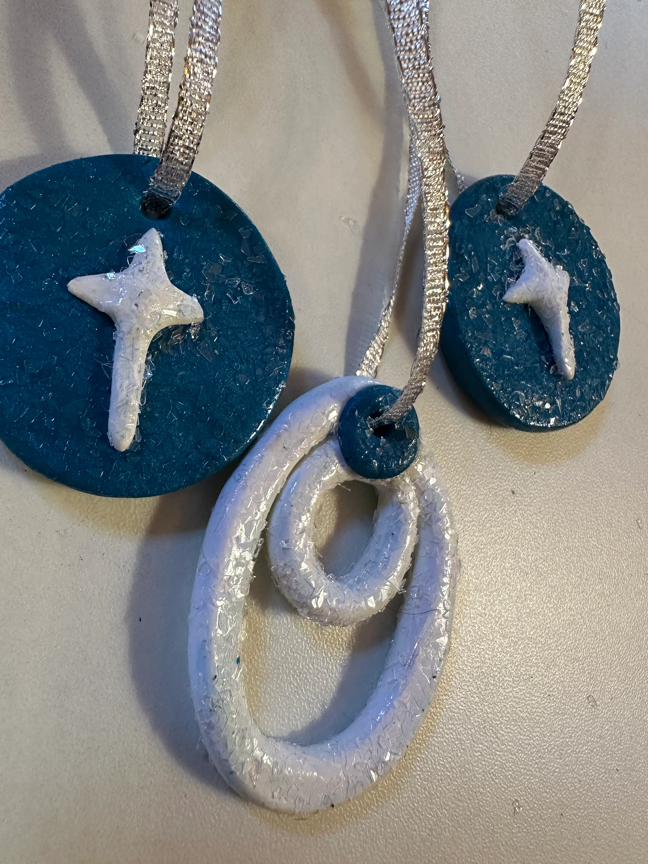 White star cross on blue Christmas Tree Ornaments, white coil with blue, silver color ribbon, glitter, 3 in the set, Christmas decoration