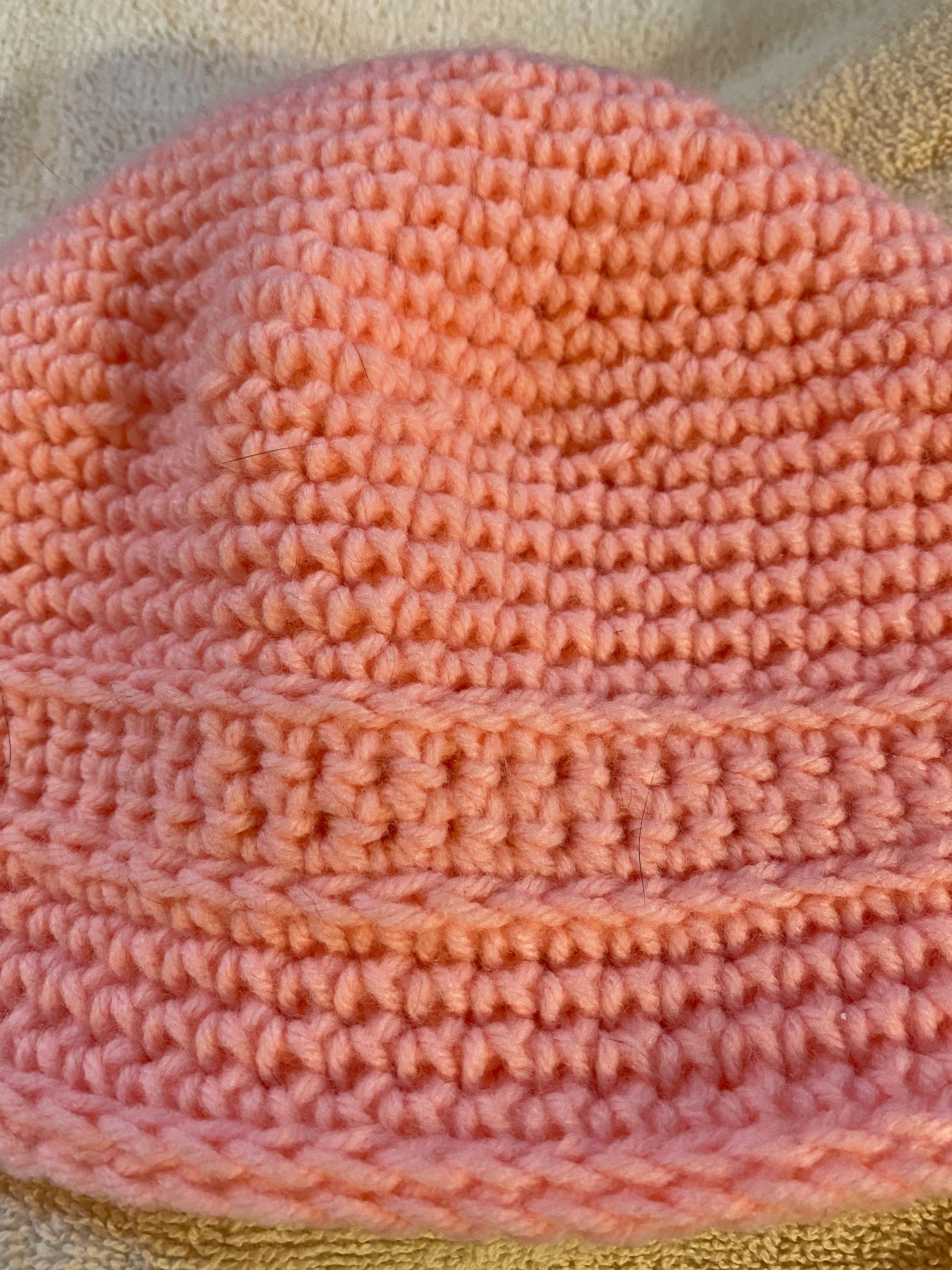 pretty and warm pink crocheted hat with free Christian gift tag, great for adult or teen