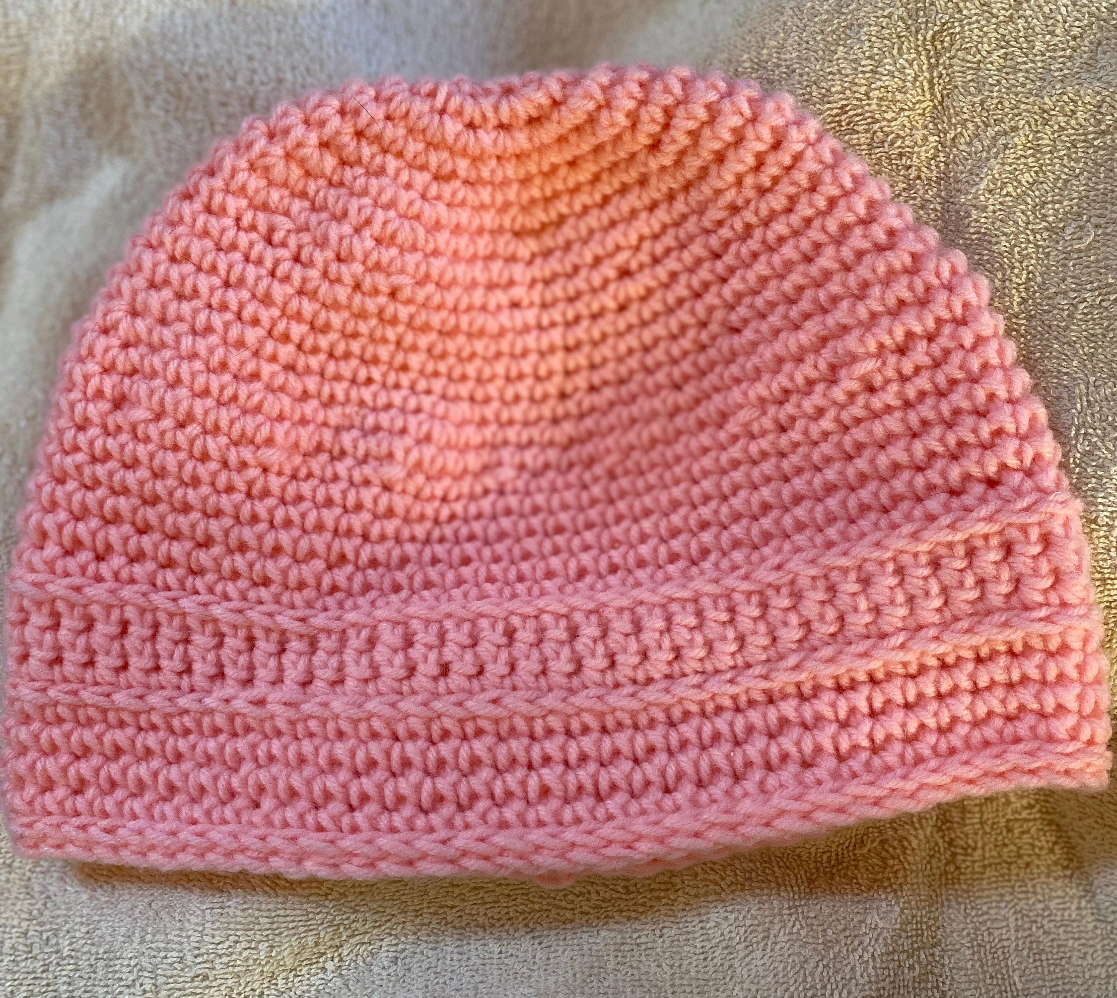 pretty and warm pink crocheted hat with free Christian gift tag, great for adult or teen