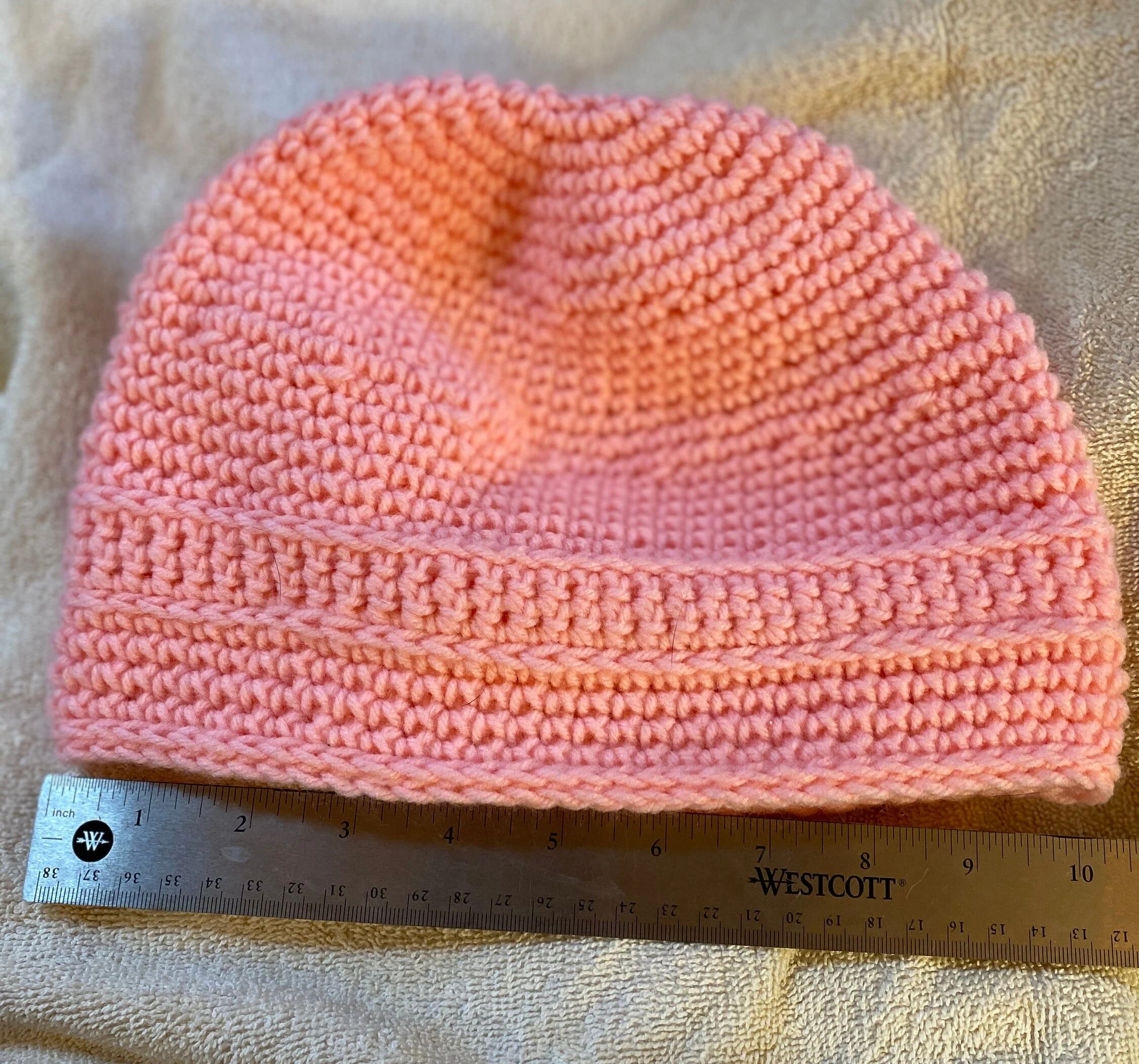 pretty and warm pink crocheted hat with free Christian gift tag, great for adult or teen