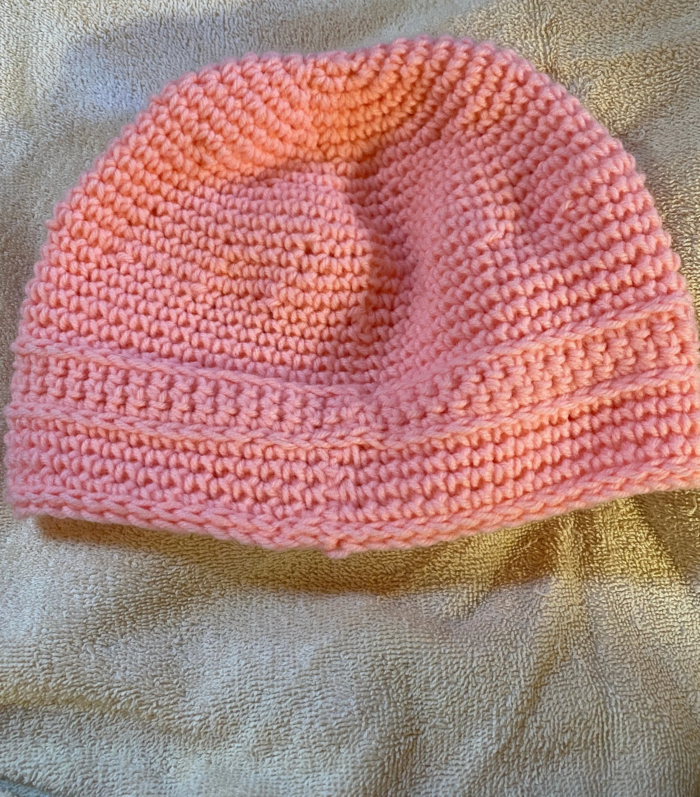 pretty and warm pink crocheted hat with free Christian gift tag, great for adult or teen