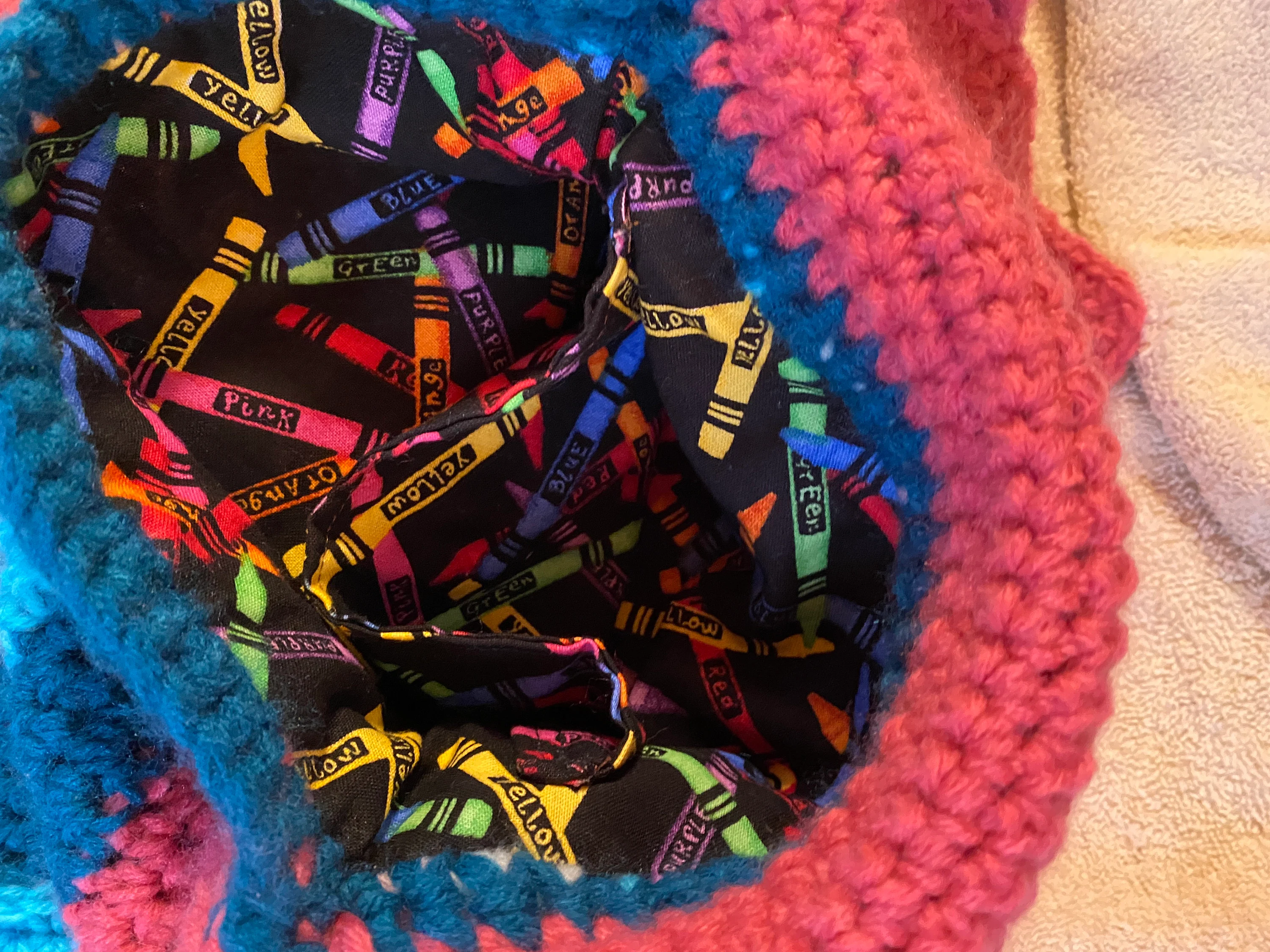 handmade bright color crocheted purse, crayon theme lined crochet handbag