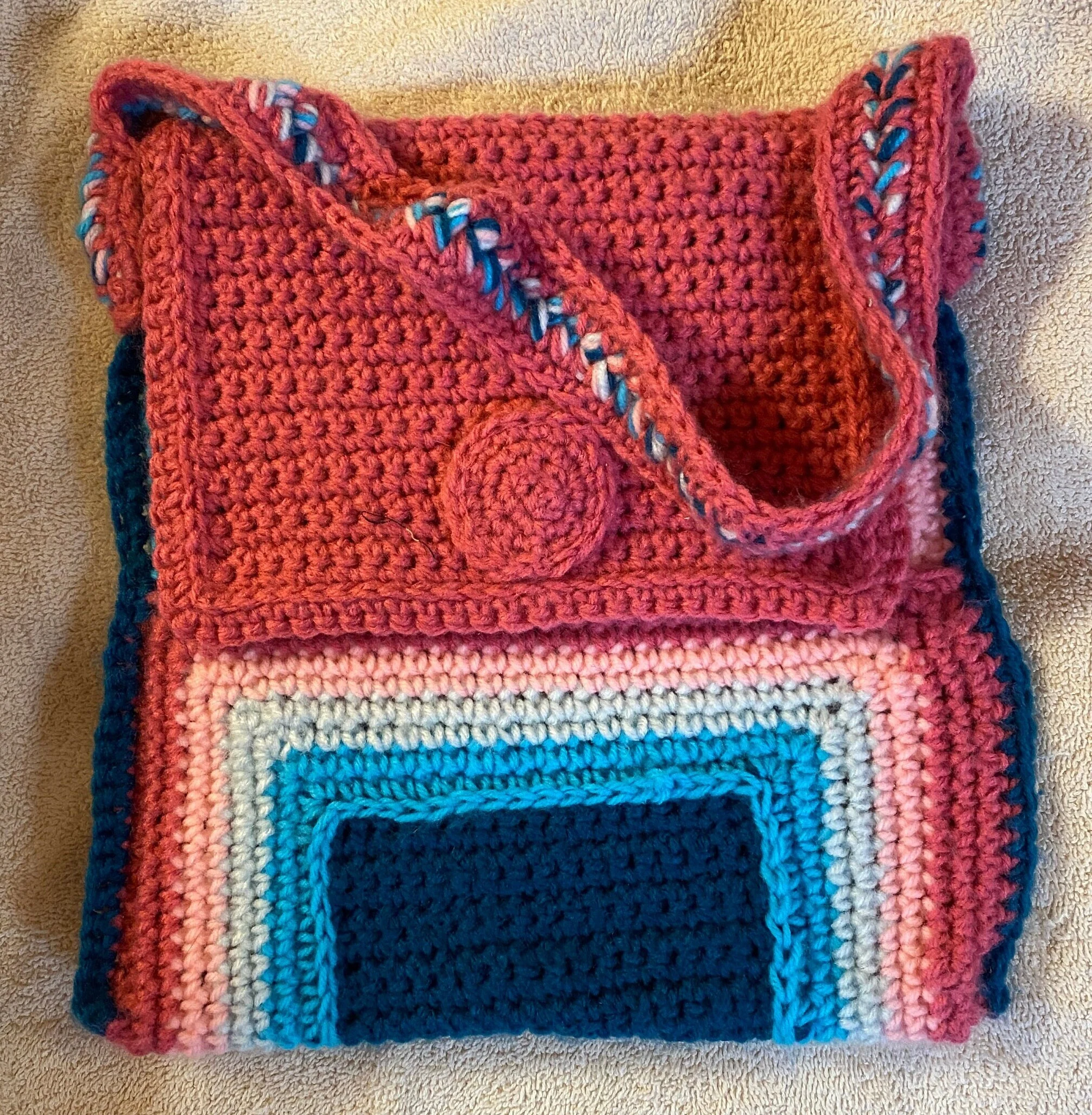 handmade bright color crocheted purse, crayon theme lined crochet handbag