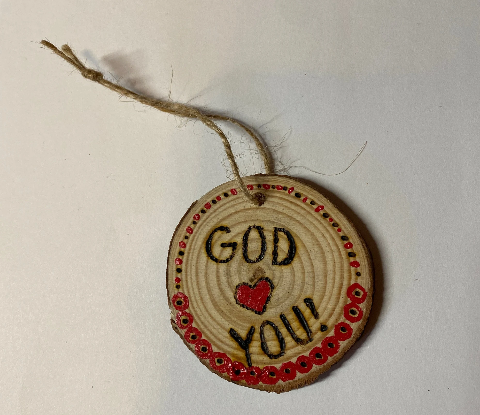 God Loves You Christian Ornament Hand Painted with Woodburning