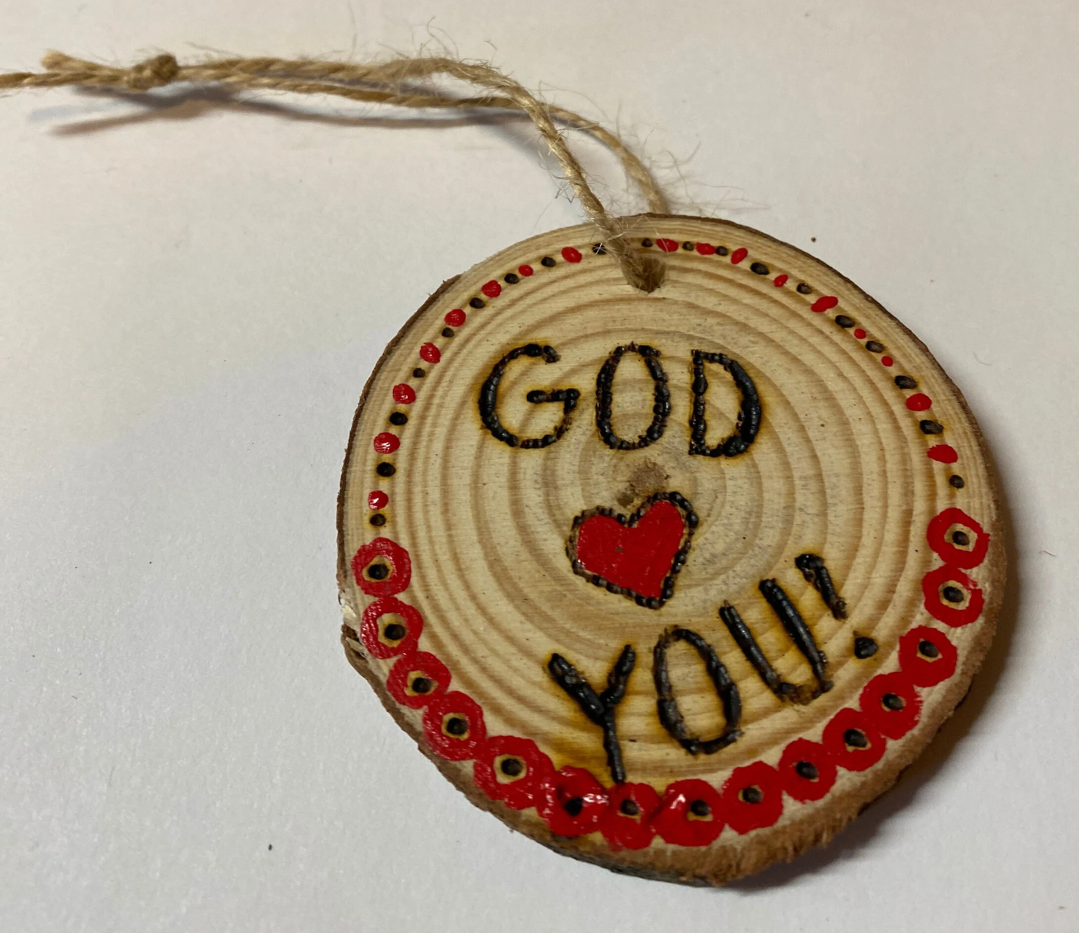 God Loves You Christian Ornament Hand Painted with Woodburning