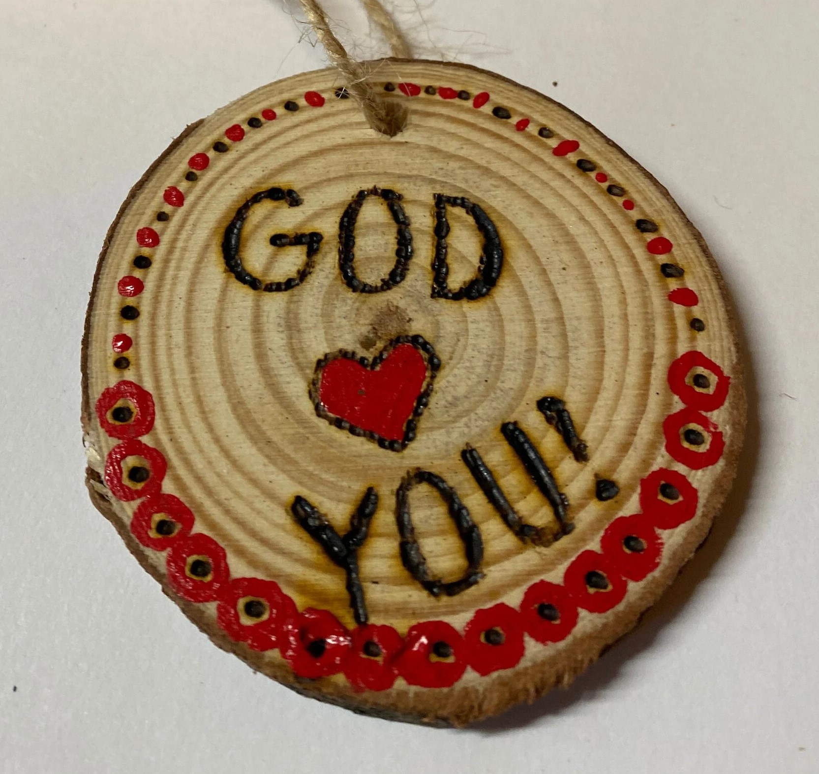 God Loves You Christian Ornament Hand Painted with Woodburning