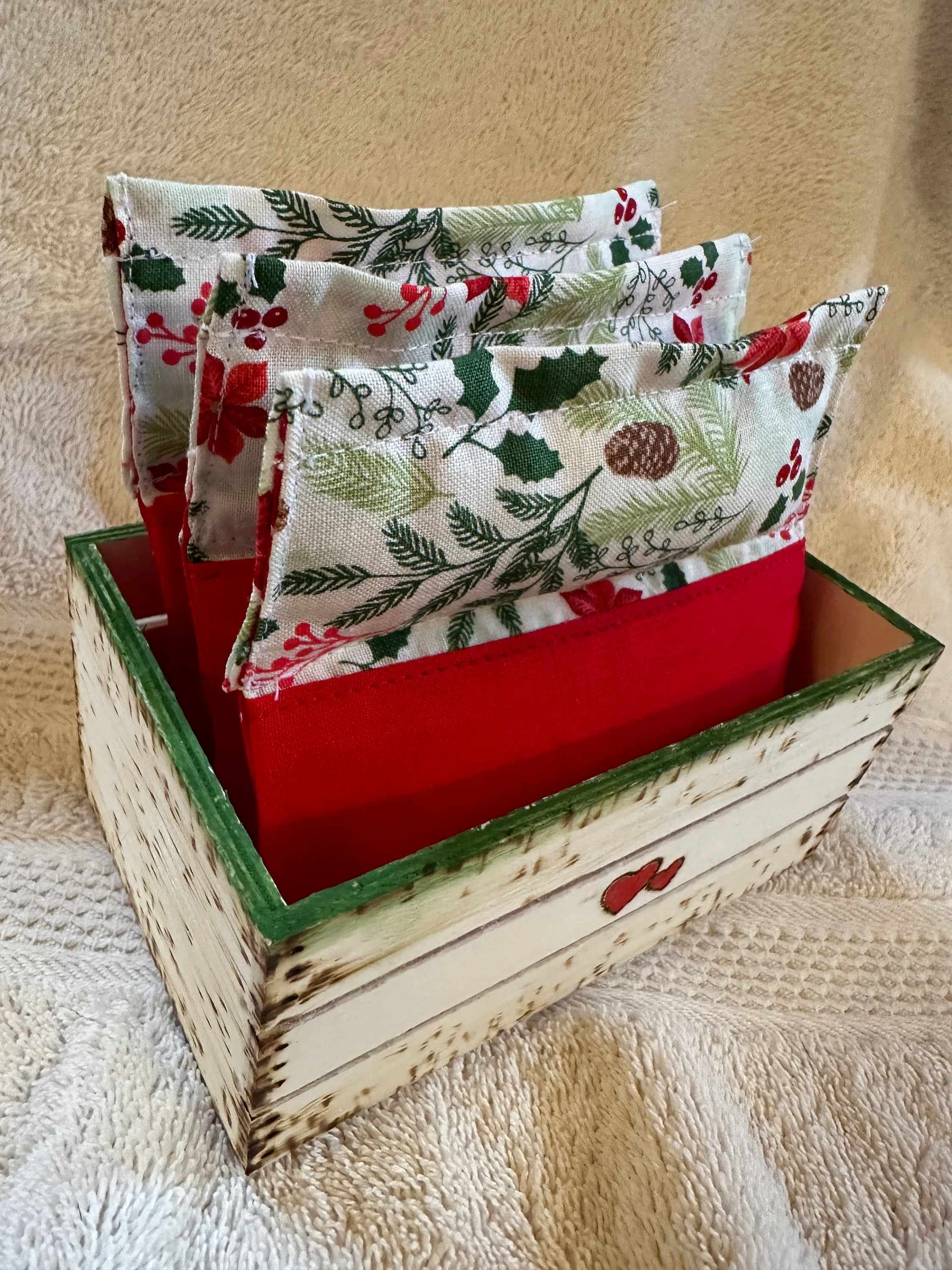 Wooden crate heart design holding 3 Christmas Sachets with Amazing Grace fragrance oil, Christmas decor, room scent