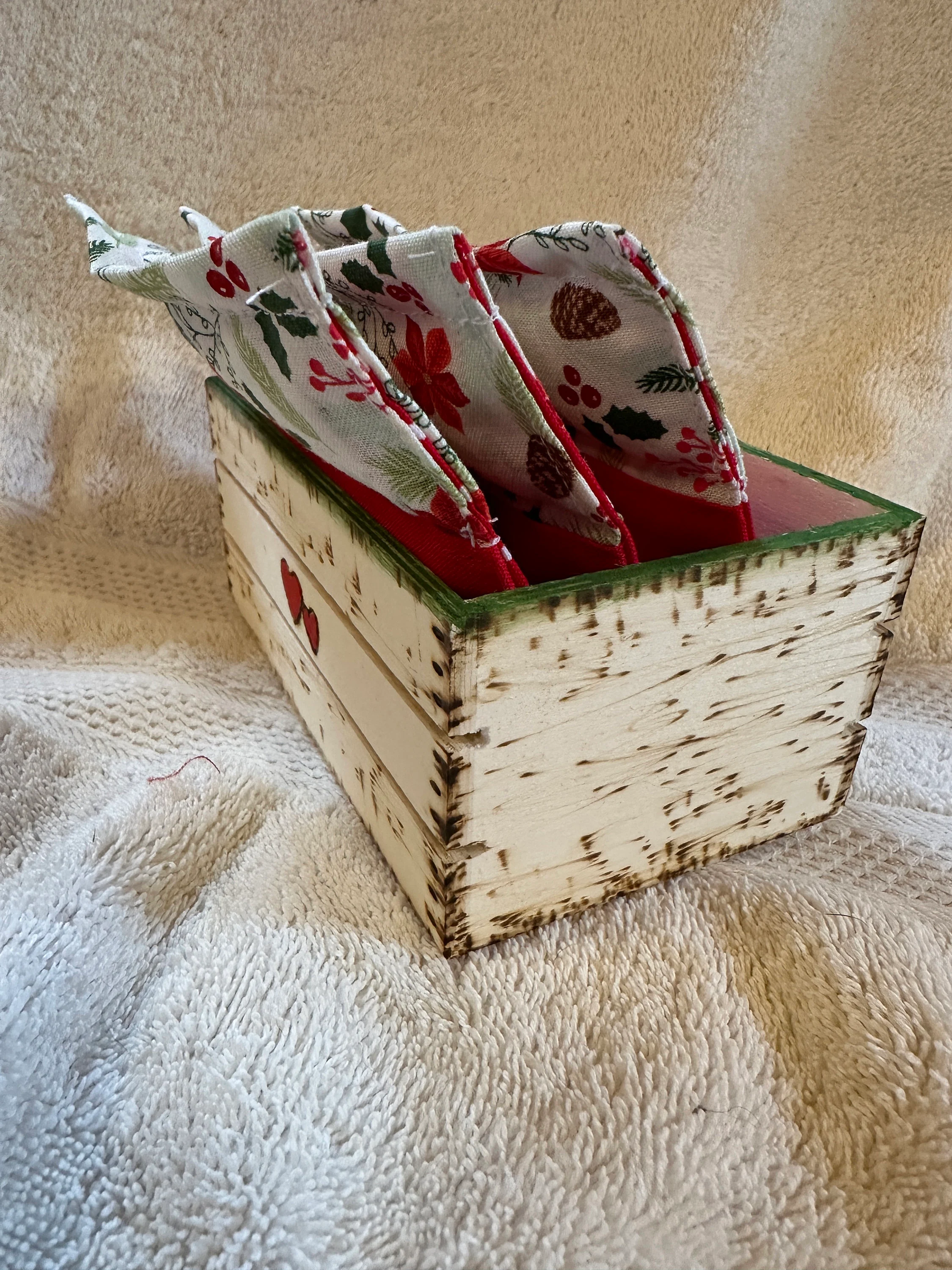 Wooden crate heart design holding 3 Christmas Sachets with Amazing Grace fragrance oil, Christmas decor, room scent