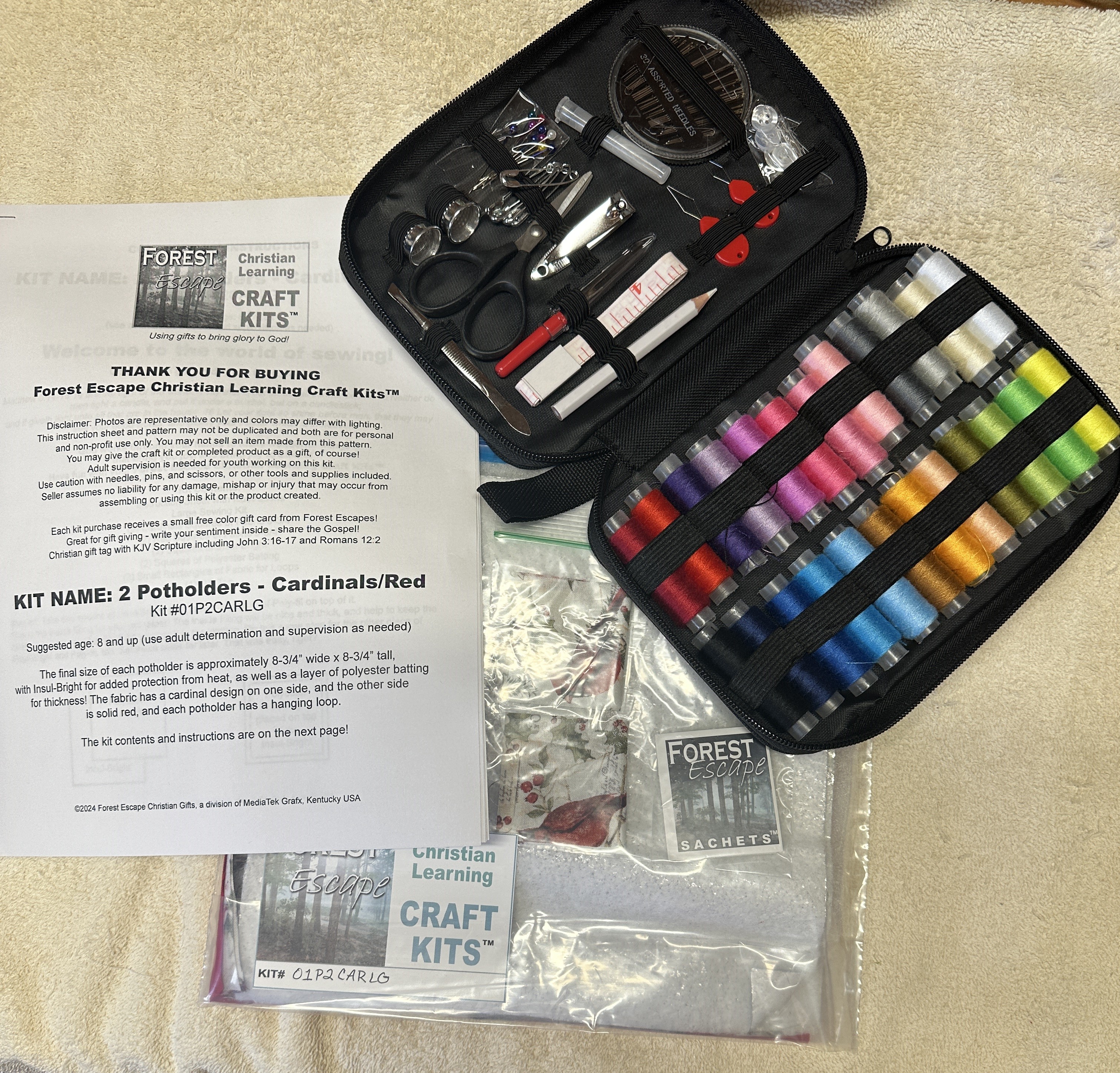 Learn to Sew! 2 kitchen potholders, Insul Bright, large sewing kit, illustrated instructions, learn sewing, Cardinals and Red