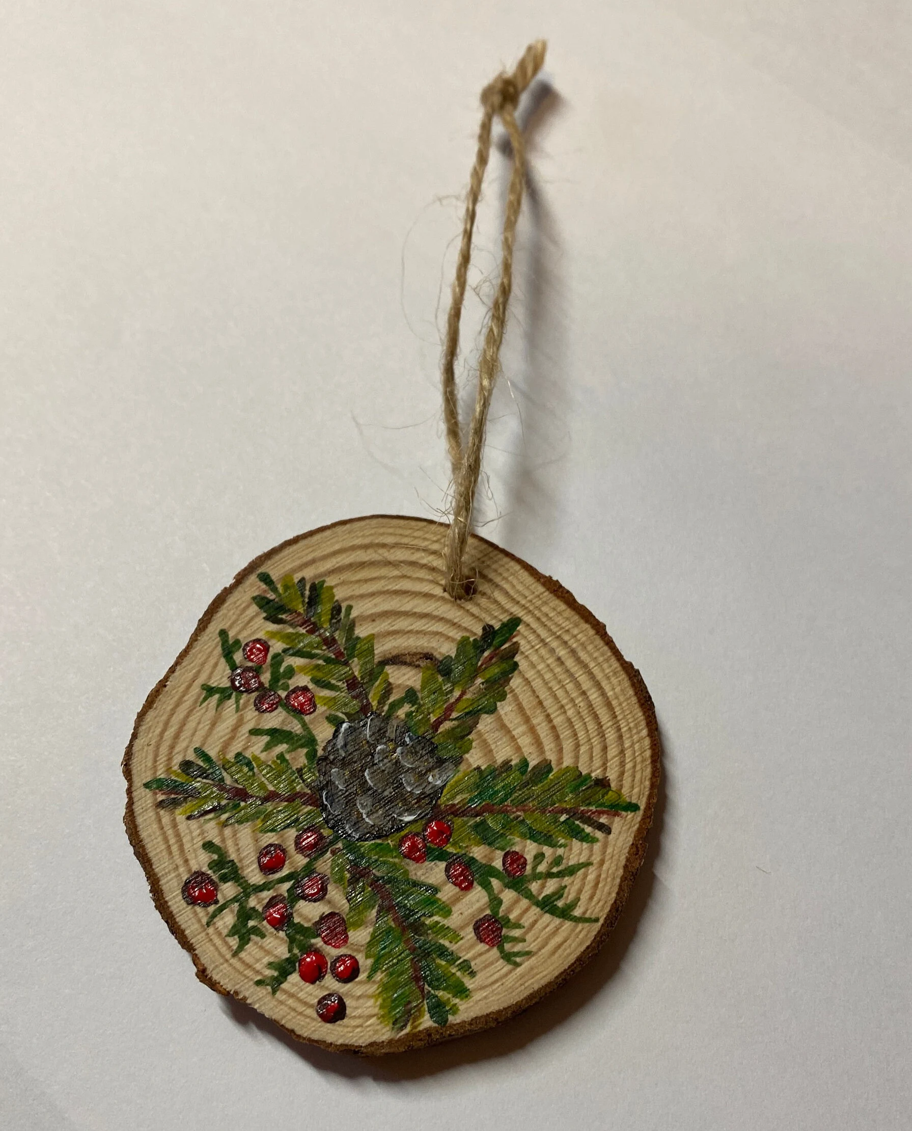 Rustic County Christian Ornament Hand Painted Pine Holly Pinecone Ornament on one side