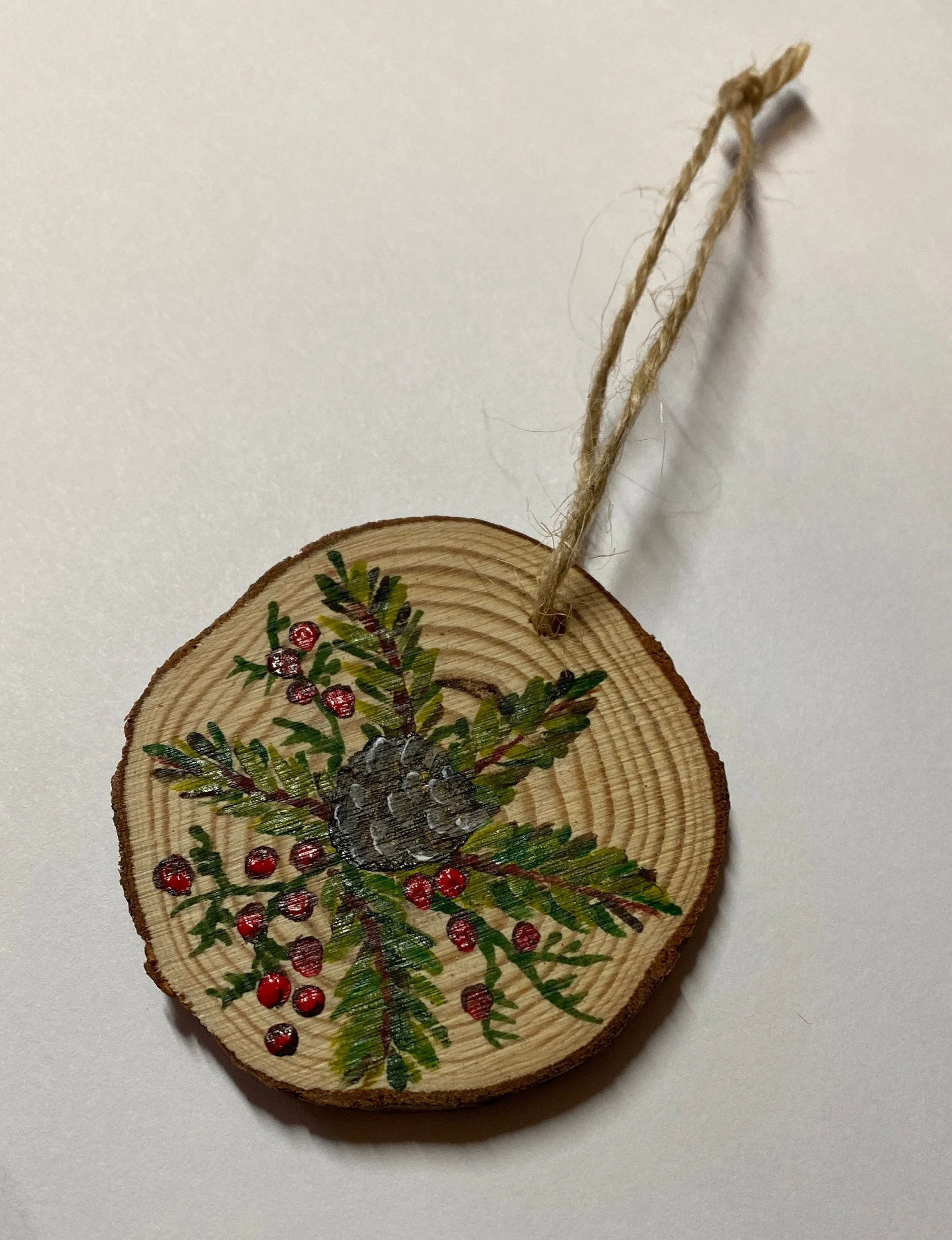 Rustic County Christian Ornament Hand Painted Pine Holly Pinecone Ornament on one side