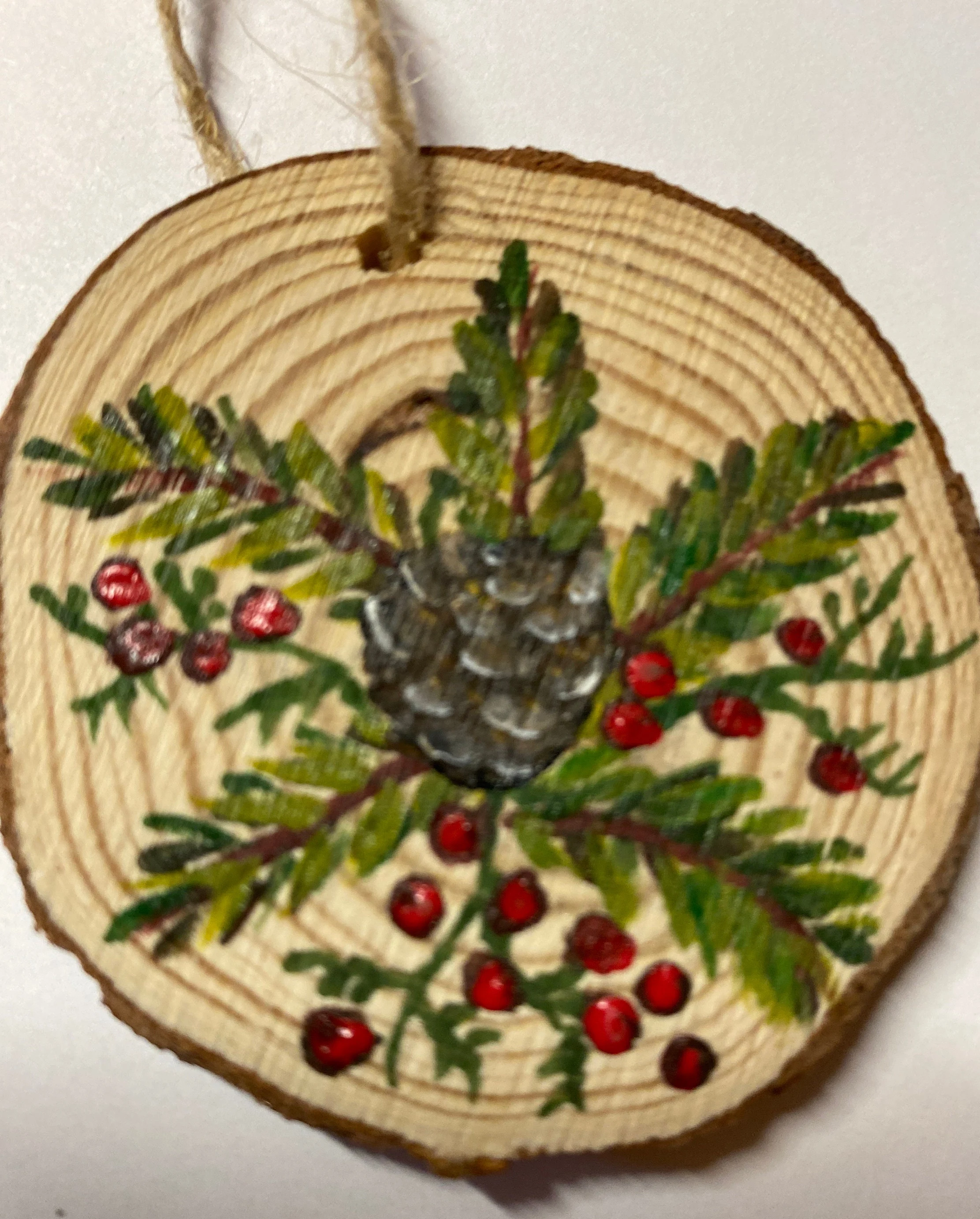 Rustic County Christian Ornament Hand Painted Pine Holly Pinecone Ornament on one side