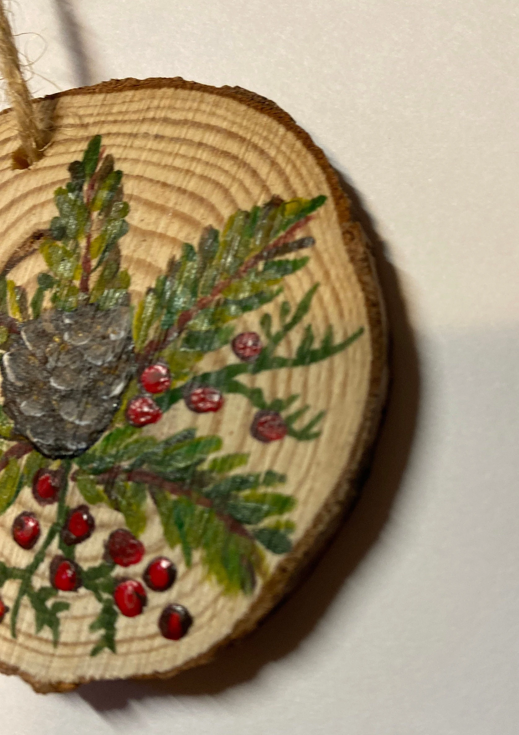 Rustic County Christian Ornament Hand Painted Pine Holly Pinecone Ornament on one side
