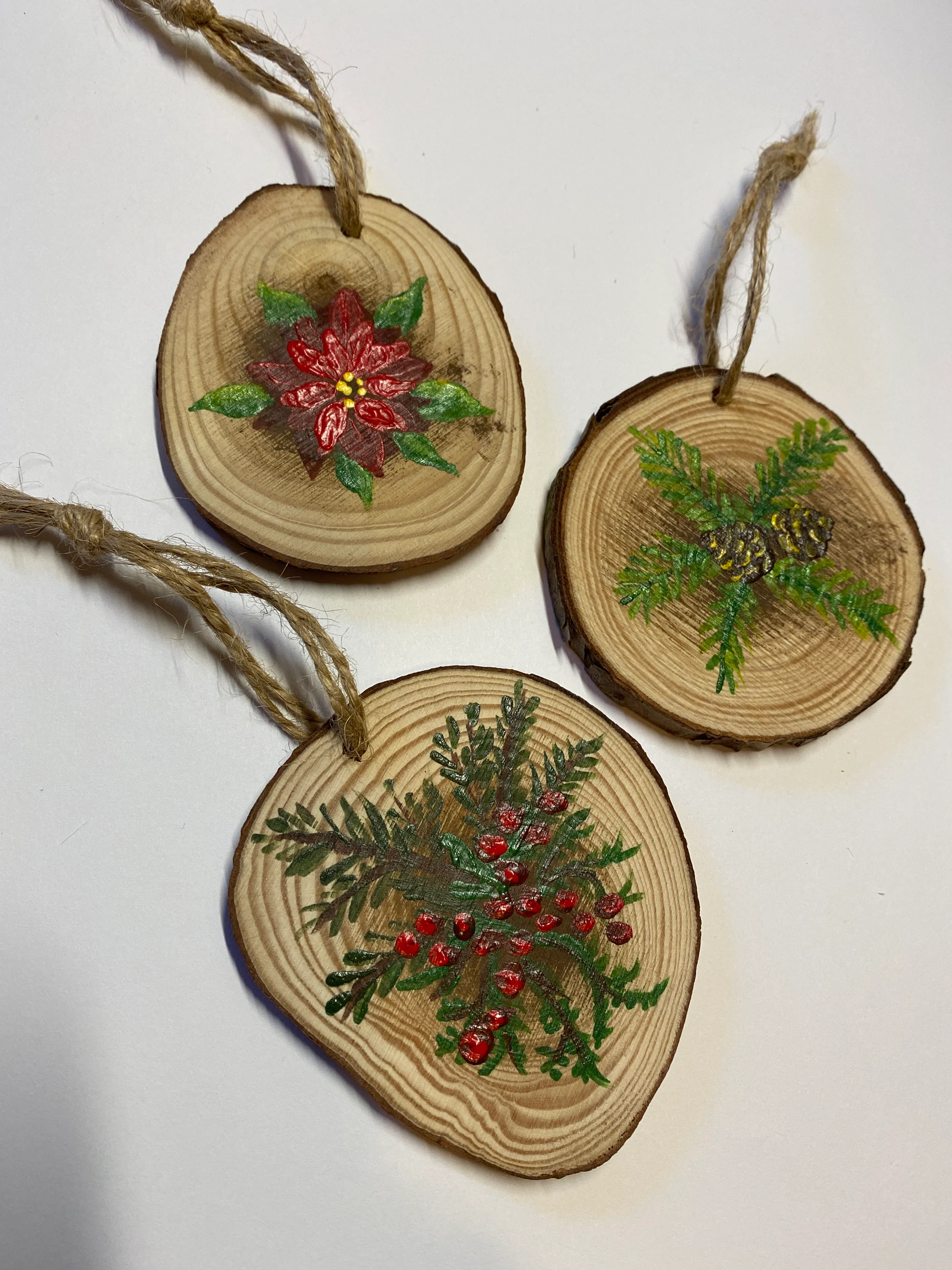 Hand Painted Set of 3 Christmas Tree Ornaments with Pines and Holly and Hearts!