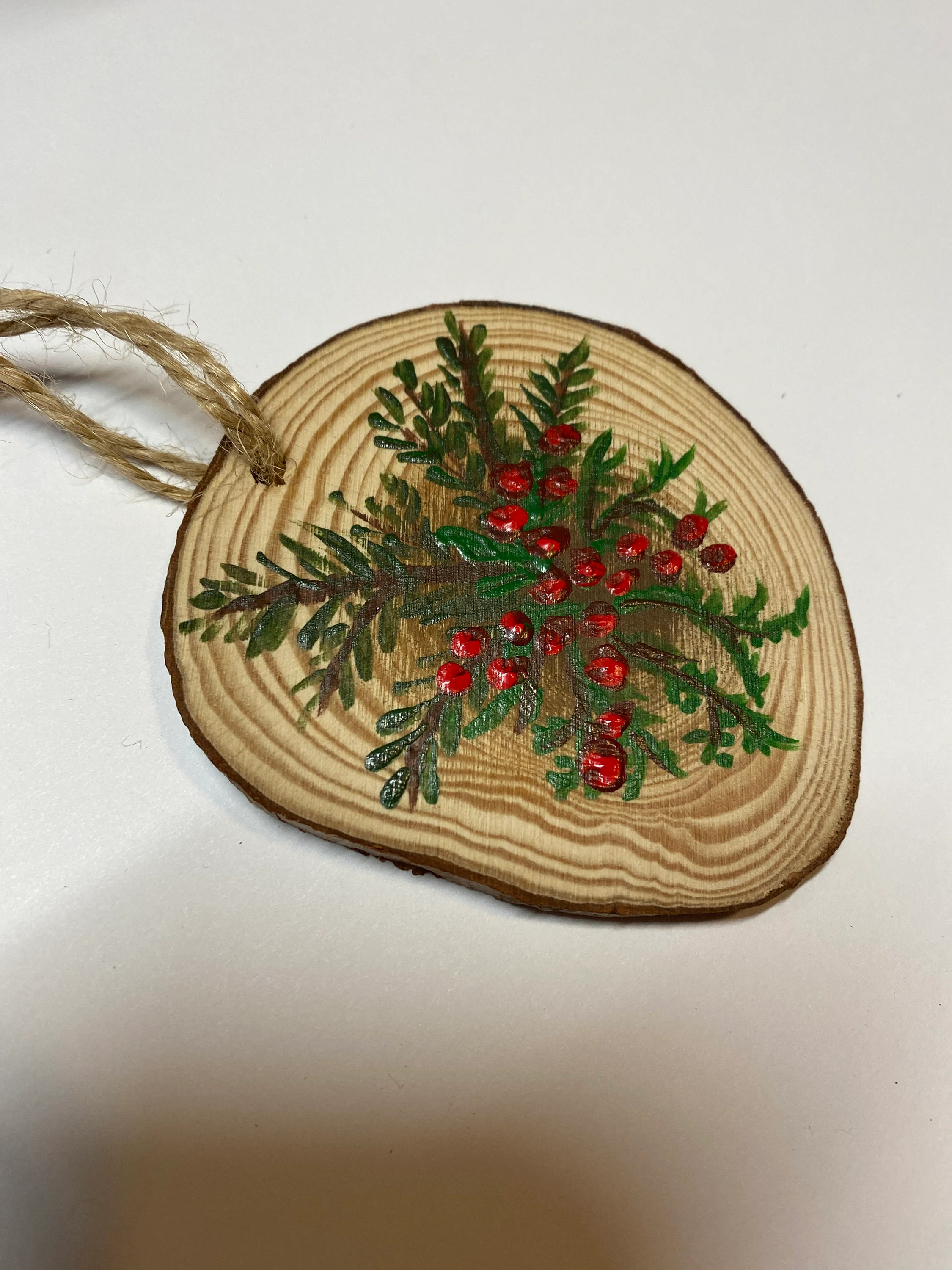 Hand Painted Set of 3 Christmas Tree Ornaments with Pines and Holly and Hearts!