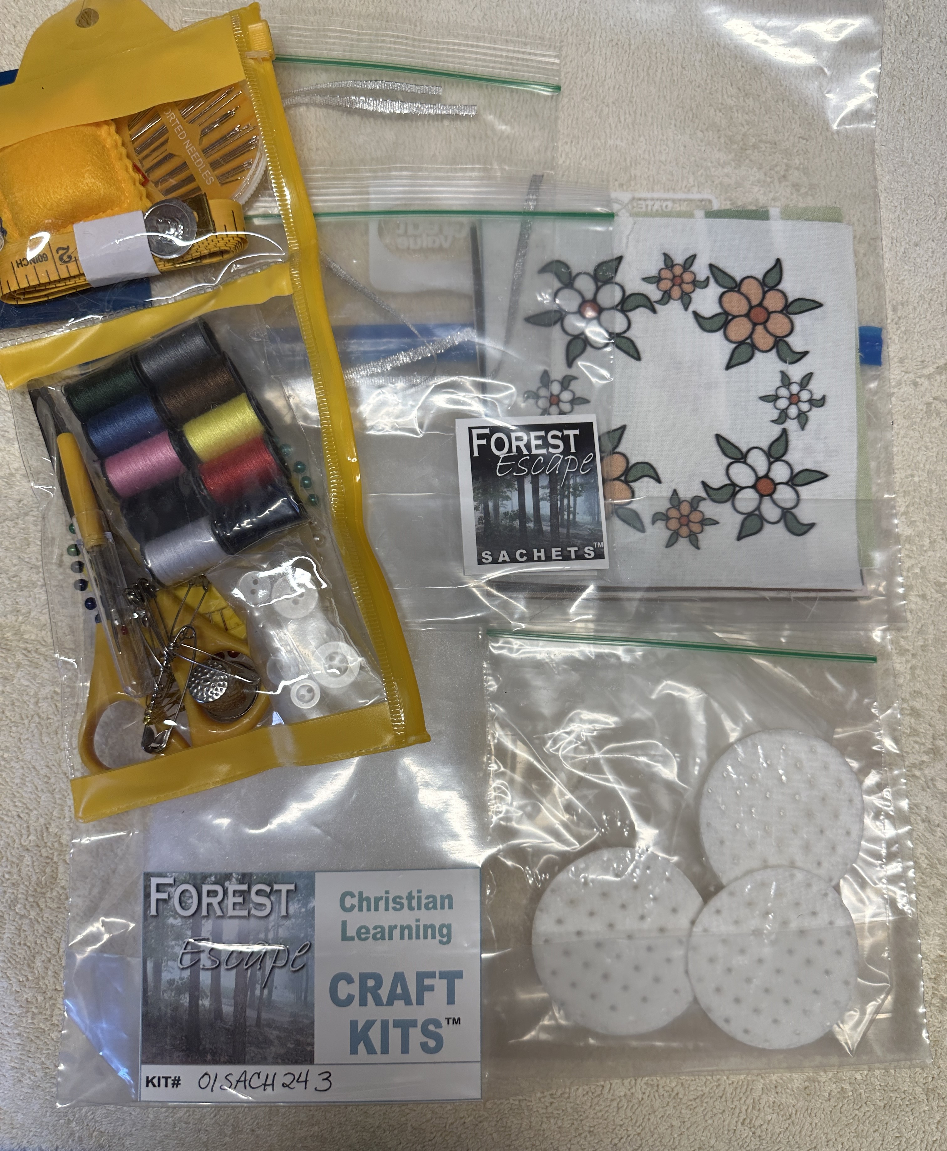 Learn Sewing Craft Kit! 3 Fragrant Sachets, Sewing Kit, Instructions, Ribbons!